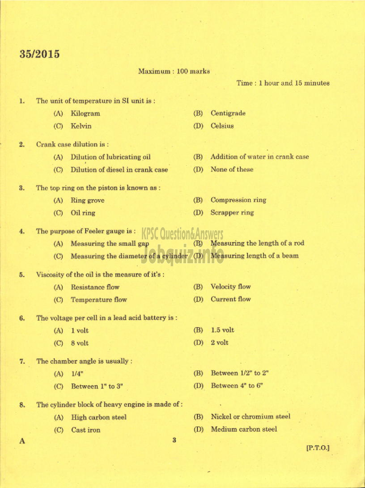 Kerala PSC Question Paper - TRADESMAN AUTOMOBILE HEAT ENGINES TECHNICAL EDUCATION EKM KNR DISTS-1