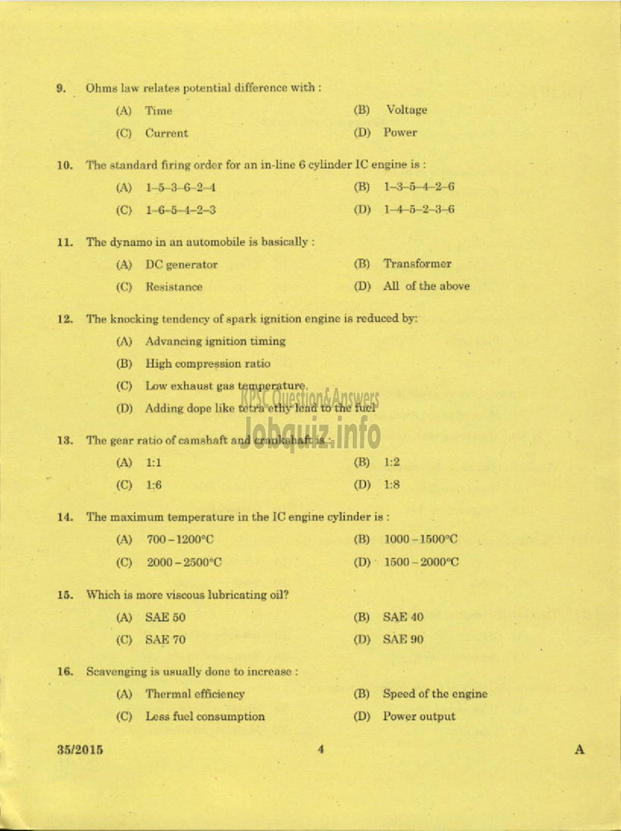 Kerala PSC Question Paper - TRADESMAN AUTOMOBILE HEAT ENGINES TECHNICAL EDUCATION EKM KNR DISTS-2