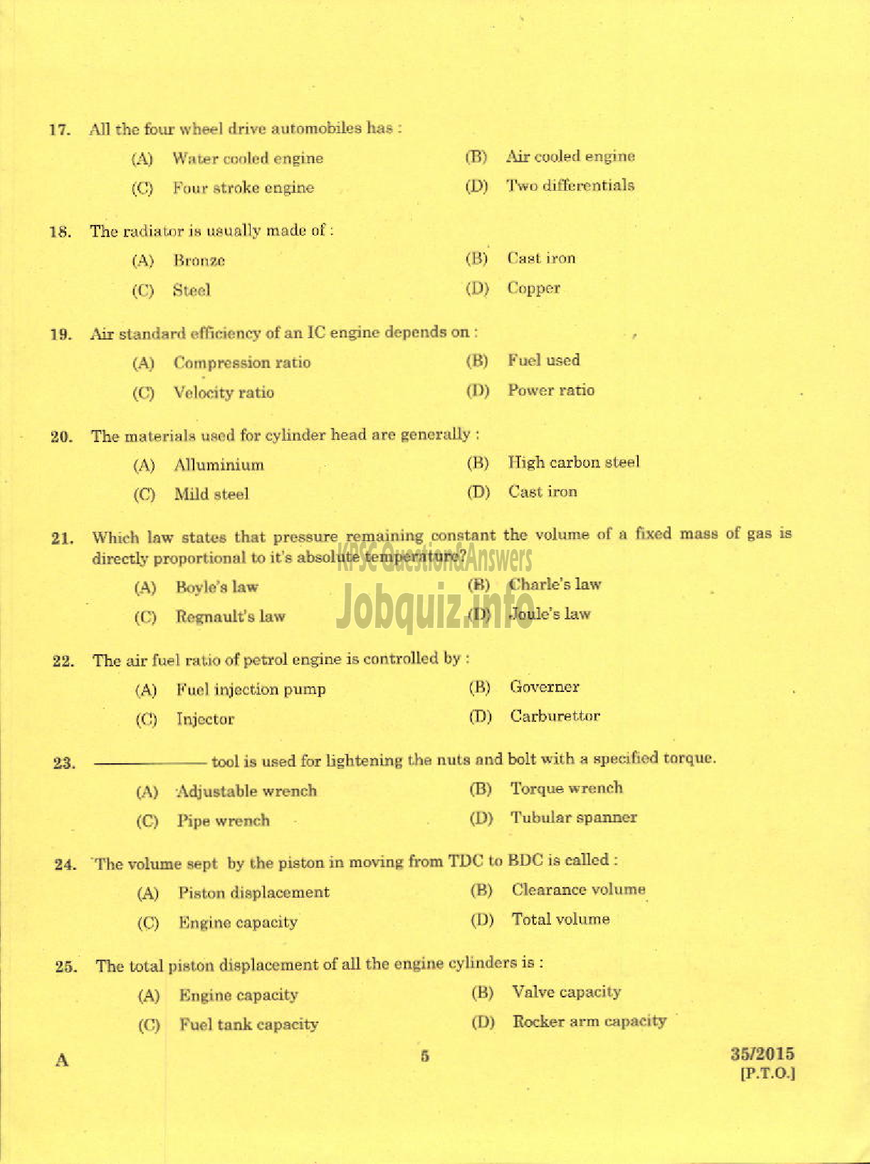 Kerala PSC Question Paper - TRADESMAN AUTOMOBILE HEAT ENGINES TECHNICAL EDUCATION EKM KNR DISTS-3