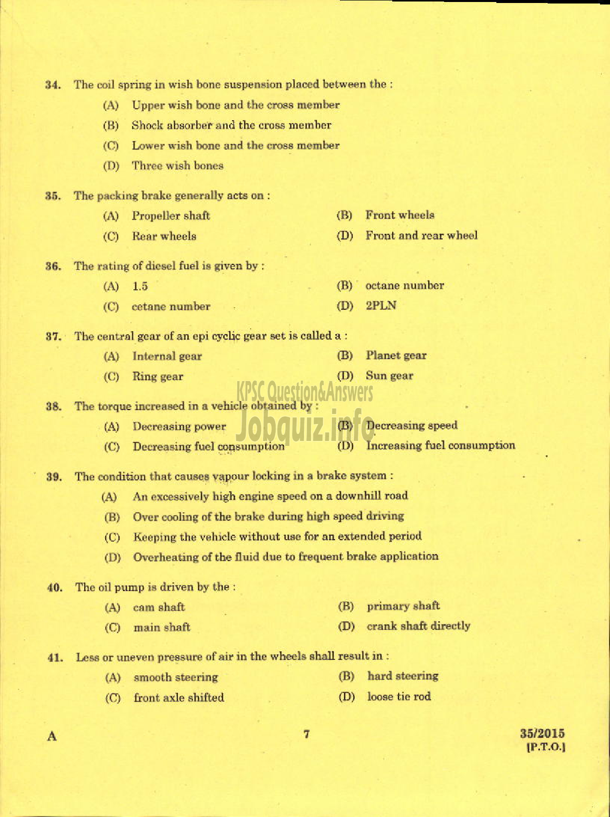 Kerala PSC Question Paper - TRADESMAN AUTOMOBILE HEAT ENGINES TECHNICAL EDUCATION EKM KNR DISTS-5