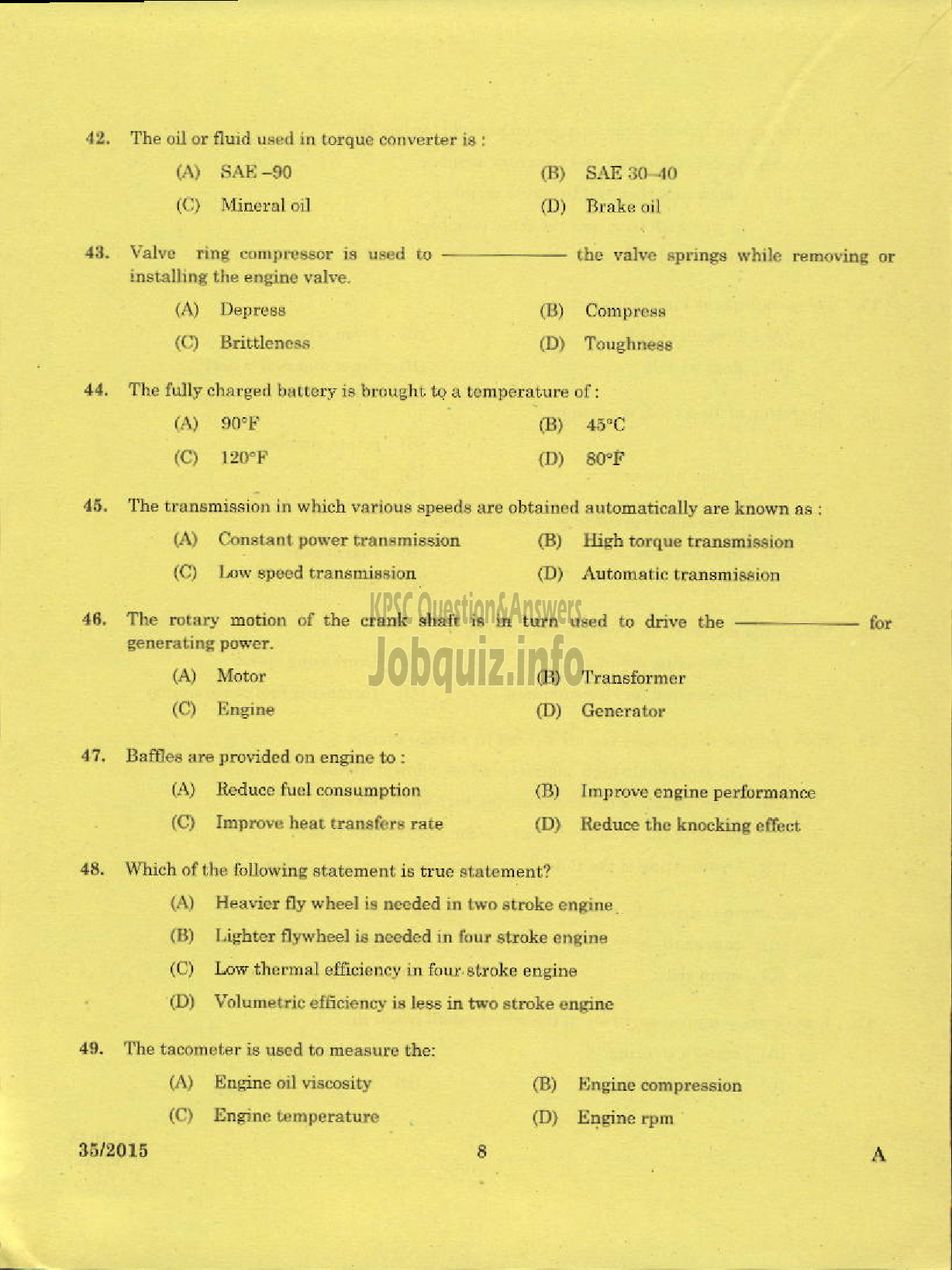 Kerala PSC Question Paper - TRADESMAN AUTOMOBILE HEAT ENGINES TECHNICAL EDUCATION EKM KNR DISTS-6