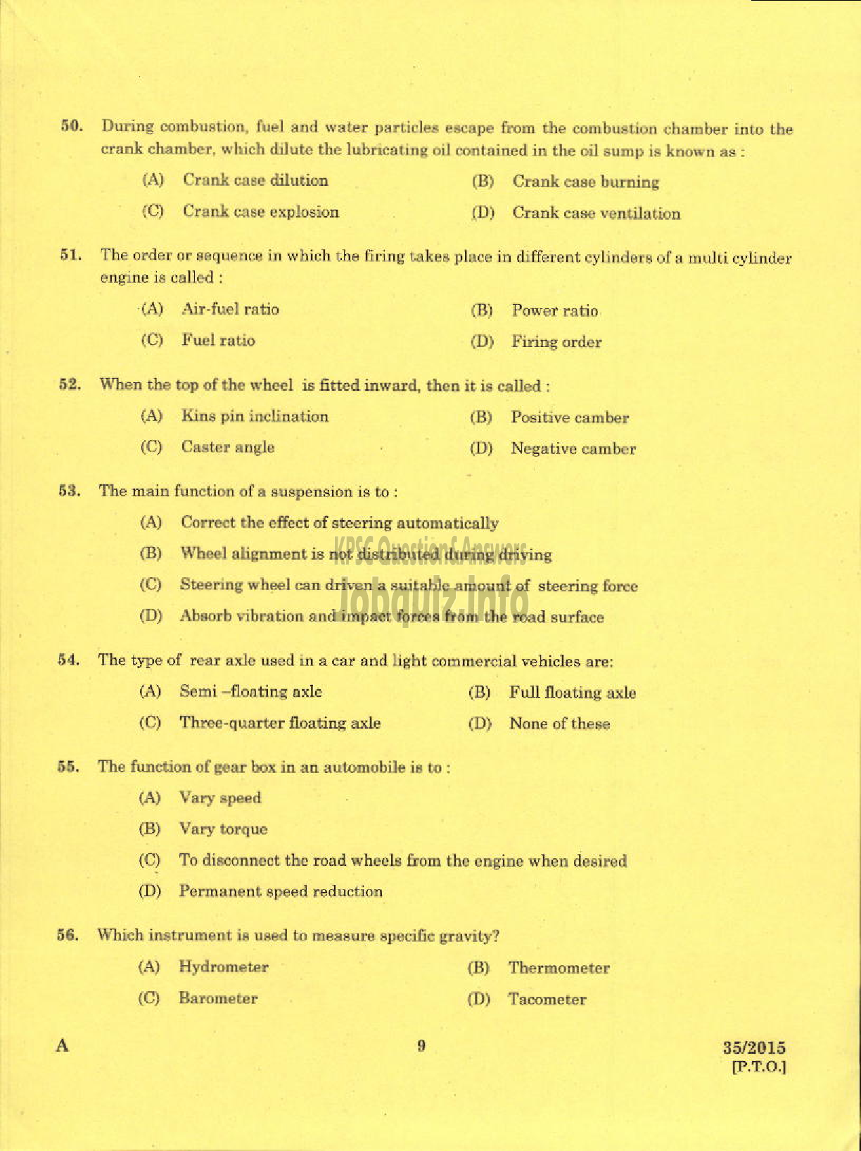 Kerala PSC Question Paper - TRADESMAN AUTOMOBILE HEAT ENGINES TECHNICAL EDUCATION EKM KNR DISTS-7