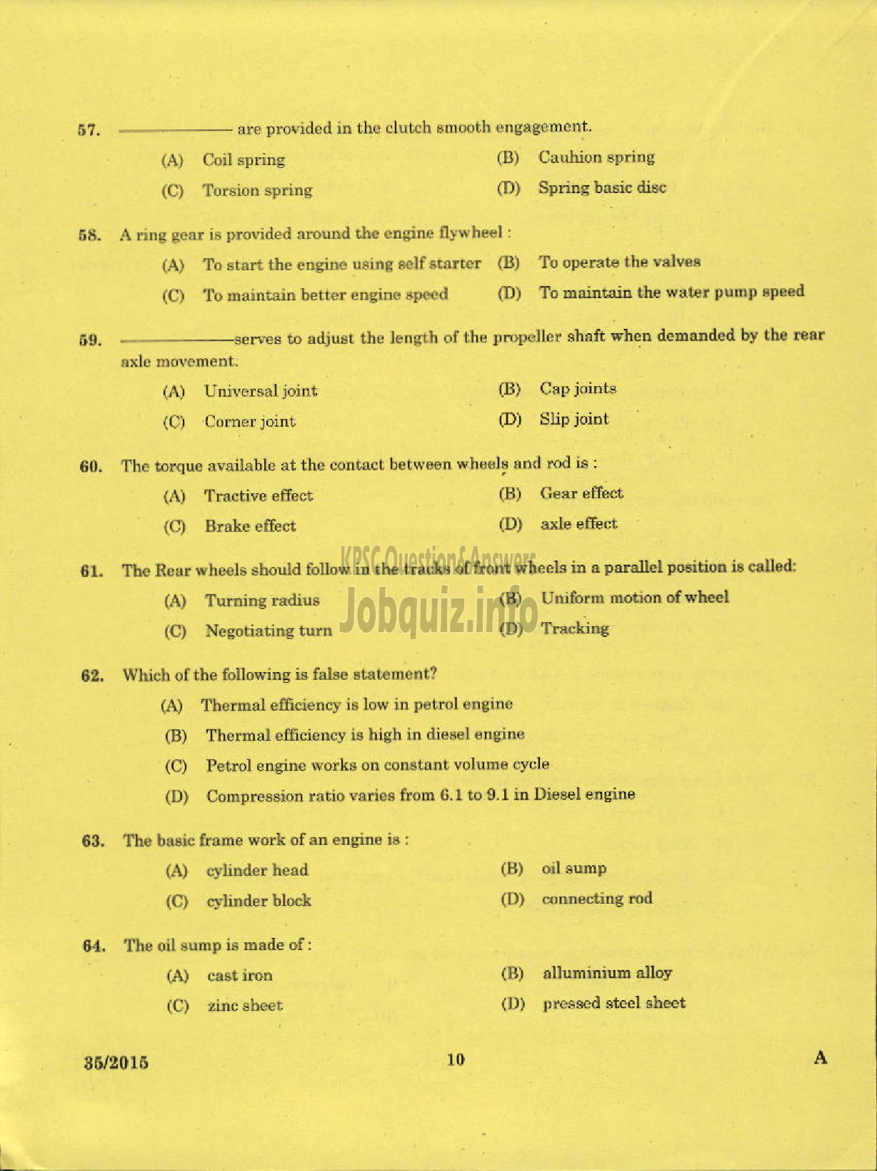 Kerala PSC Question Paper - TRADESMAN AUTOMOBILE HEAT ENGINES TECHNICAL EDUCATION EKM KNR DISTS-8