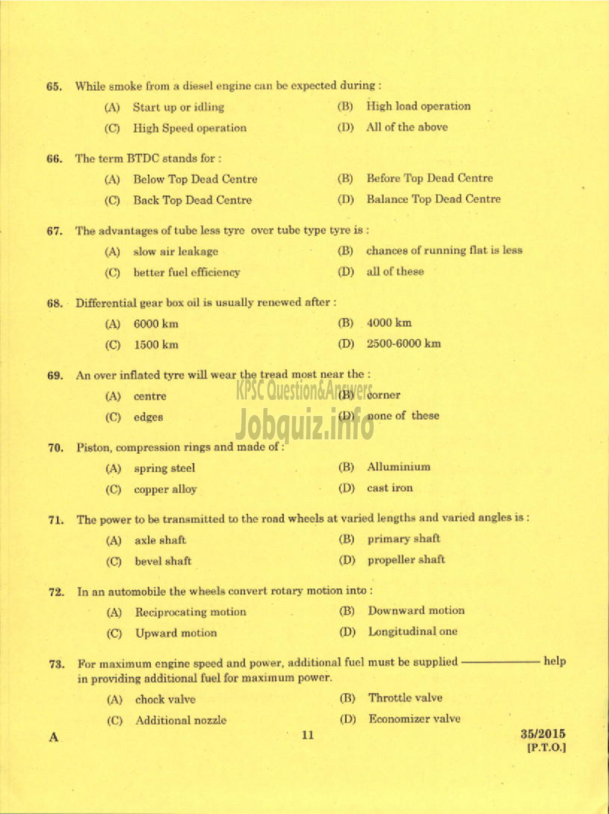 Kerala PSC Question Paper - TRADESMAN AUTOMOBILE HEAT ENGINES TECHNICAL EDUCATION EKM KNR DISTS-9