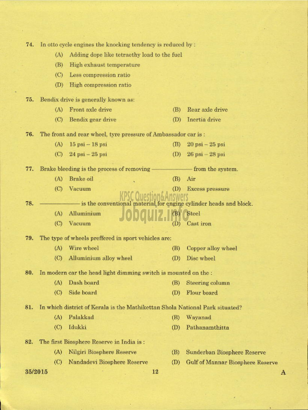 Kerala PSC Question Paper - TRADESMAN AUTOMOBILE HEAT ENGINES TECHNICAL EDUCATION EKM KNR DISTS-10