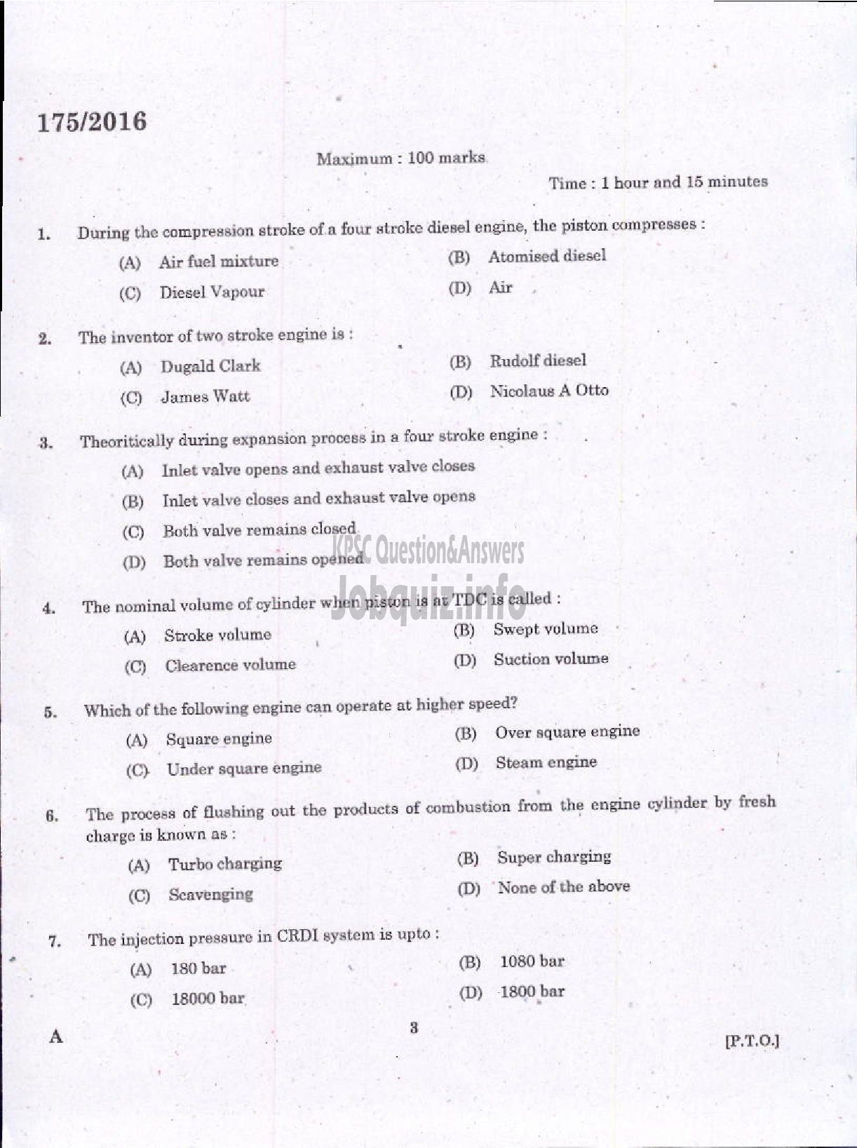 Kerala PSC Question Paper - TRADESMAN AUTOMOBILE MECHANIC TECHNICAL EDUCATION-1