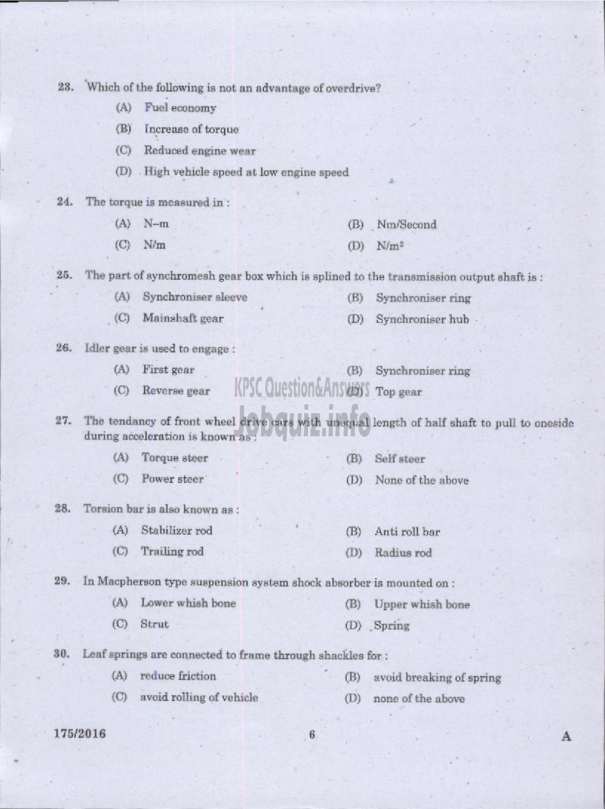 Kerala PSC Question Paper - TRADESMAN AUTOMOBILE MECHANIC TECHNICAL EDUCATION-4