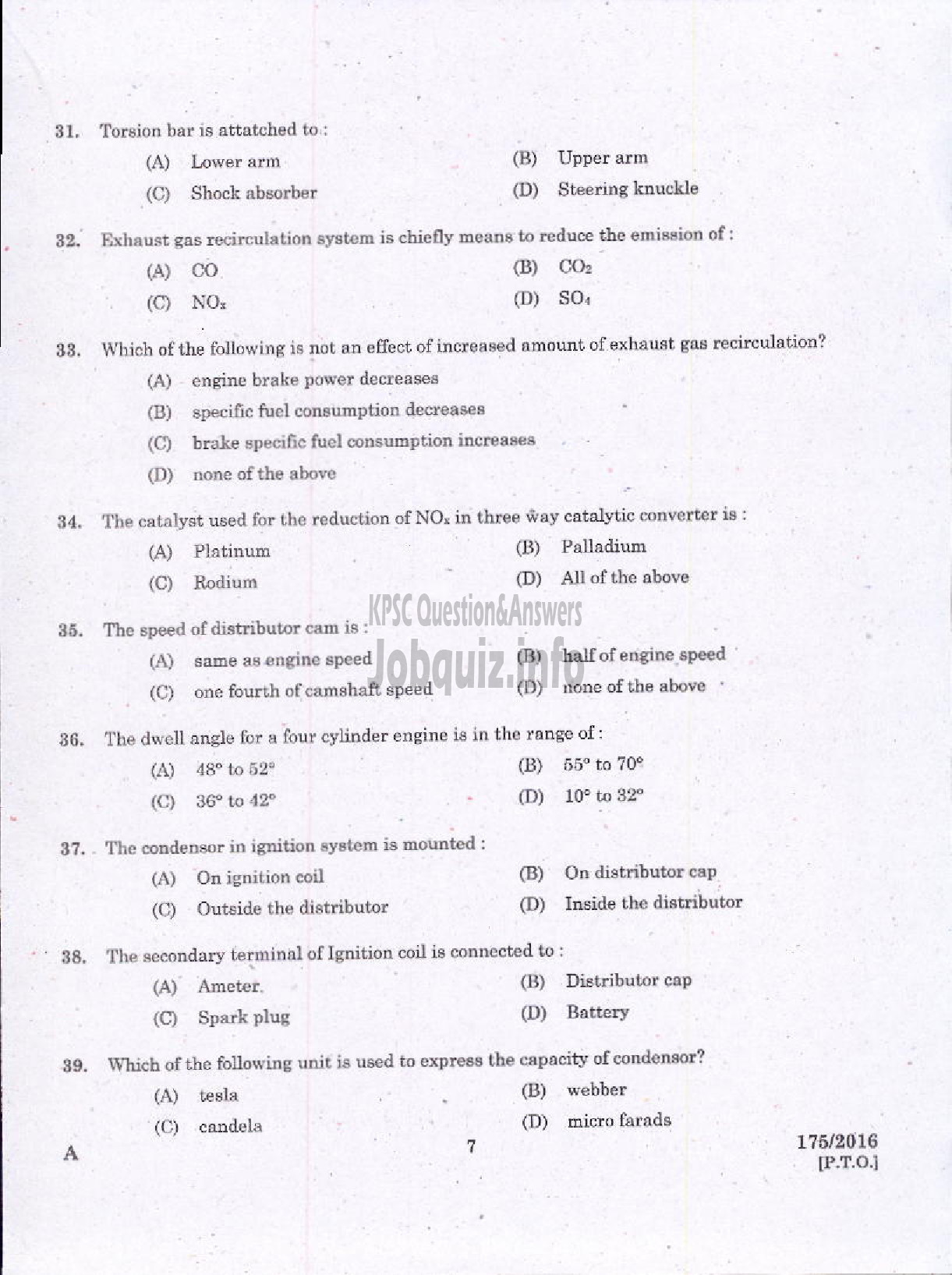 Kerala PSC Question Paper - TRADESMAN AUTOMOBILE MECHANIC TECHNICAL EDUCATION-5
