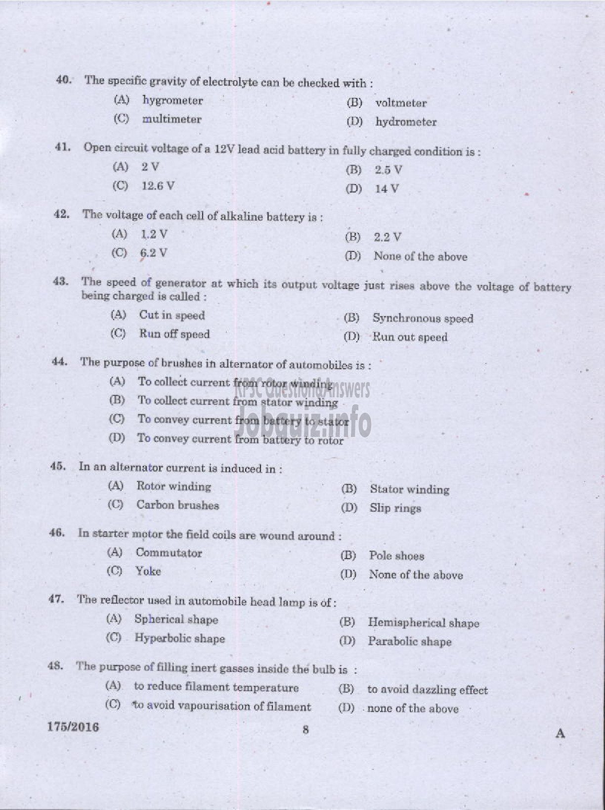 Kerala PSC Question Paper - TRADESMAN AUTOMOBILE MECHANIC TECHNICAL EDUCATION-6