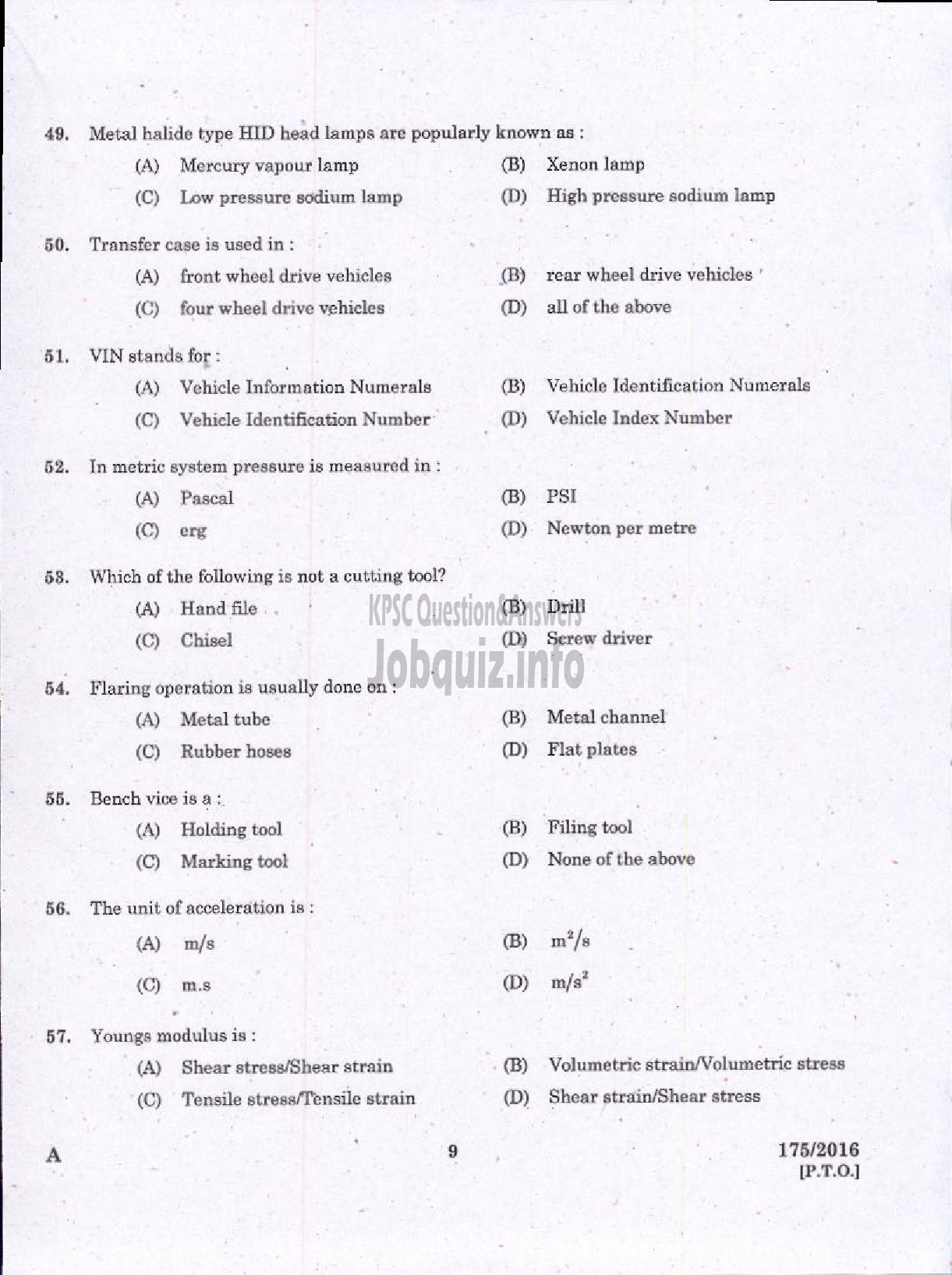 Kerala PSC Question Paper - TRADESMAN AUTOMOBILE MECHANIC TECHNICAL EDUCATION-7