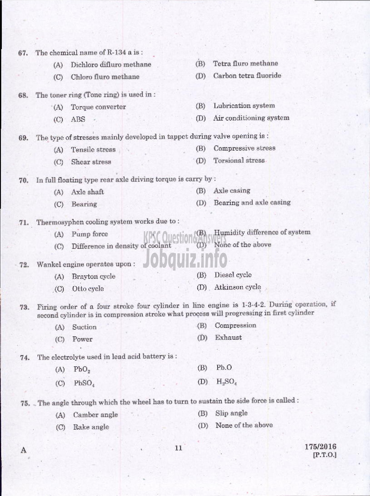 Kerala PSC Question Paper - TRADESMAN AUTOMOBILE MECHANIC TECHNICAL EDUCATION-9