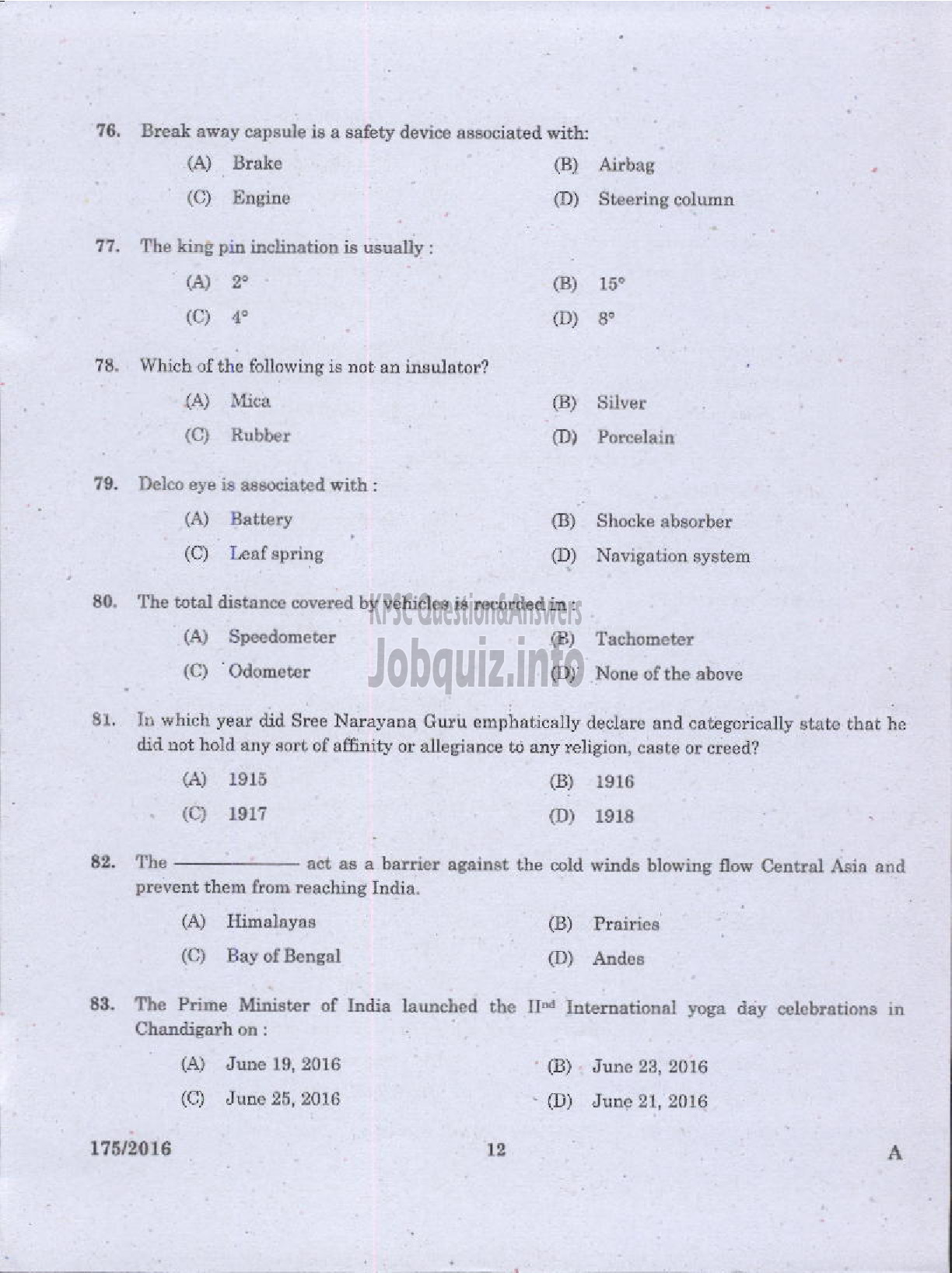 Kerala PSC Question Paper - TRADESMAN AUTOMOBILE MECHANIC TECHNICAL EDUCATION-10