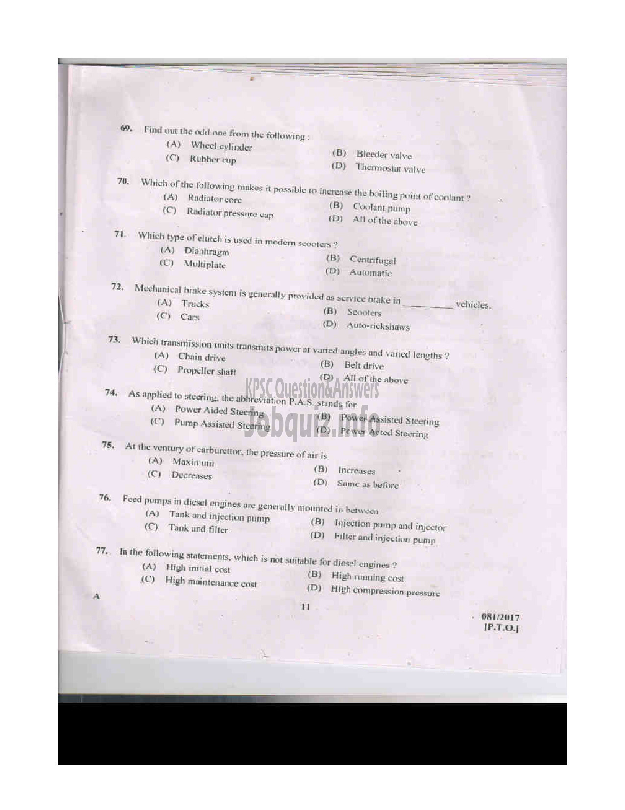 Kerala PSC Question Paper - TRADESMAN AUTOMOBILE TECHNICAL EDUCATION QUESTION PAPER-11