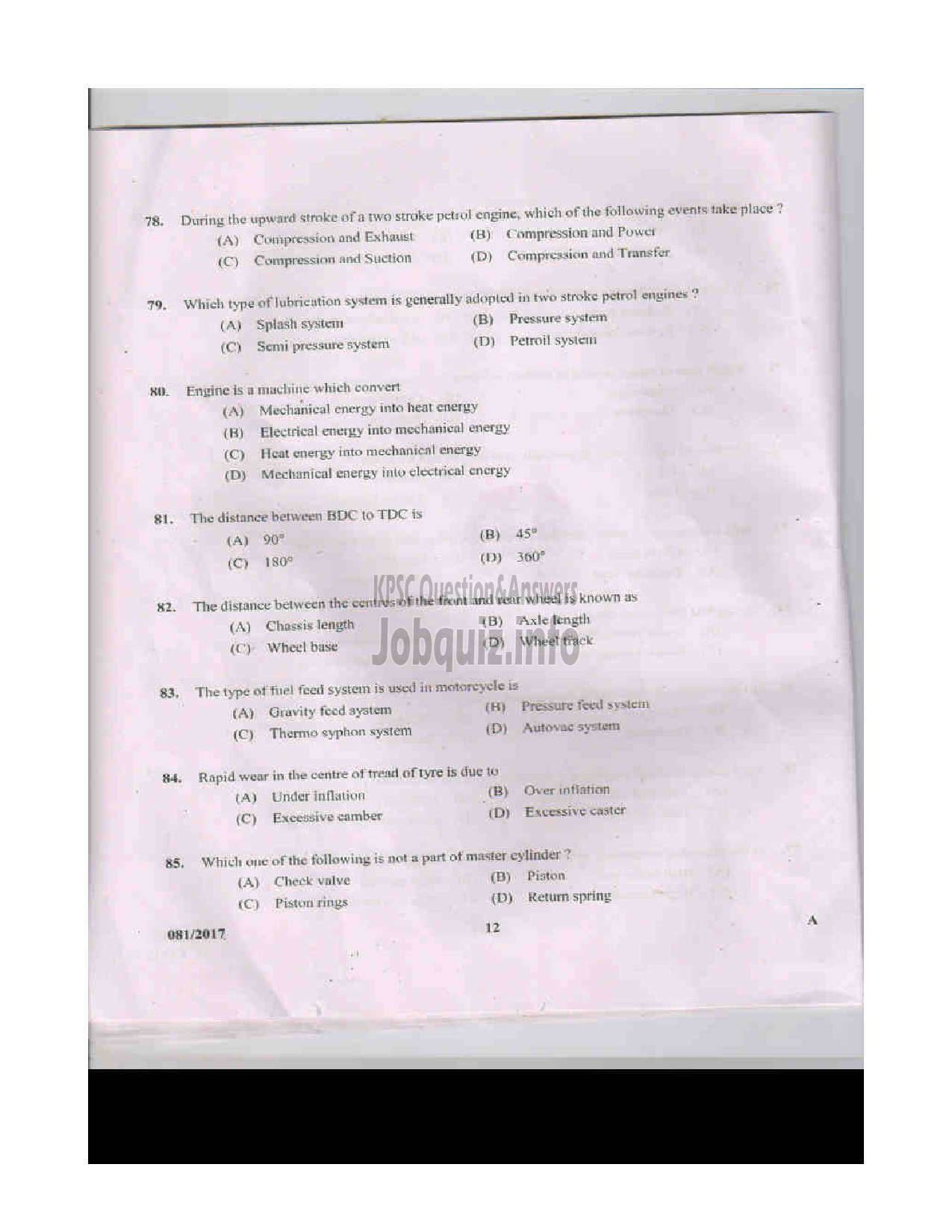 Kerala PSC Question Paper - TRADESMAN AUTOMOBILE TECHNICAL EDUCATION QUESTION PAPER-12