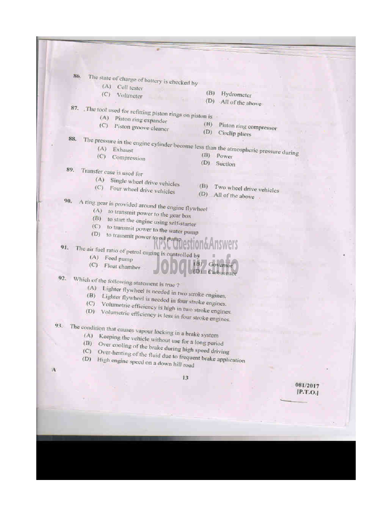 Kerala PSC Question Paper - TRADESMAN AUTOMOBILE TECHNICAL EDUCATION QUESTION PAPER-13