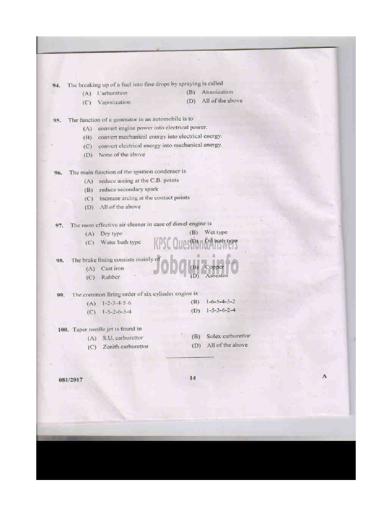 Kerala PSC Question Paper - TRADESMAN AUTOMOBILE TECHNICAL EDUCATION QUESTION PAPER-14