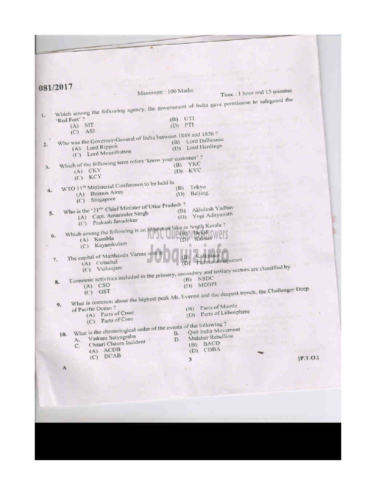 Kerala PSC Question Paper - TRADESMAN AUTOMOBILE TECHNICAL EDUCATION QUESTION PAPER-3