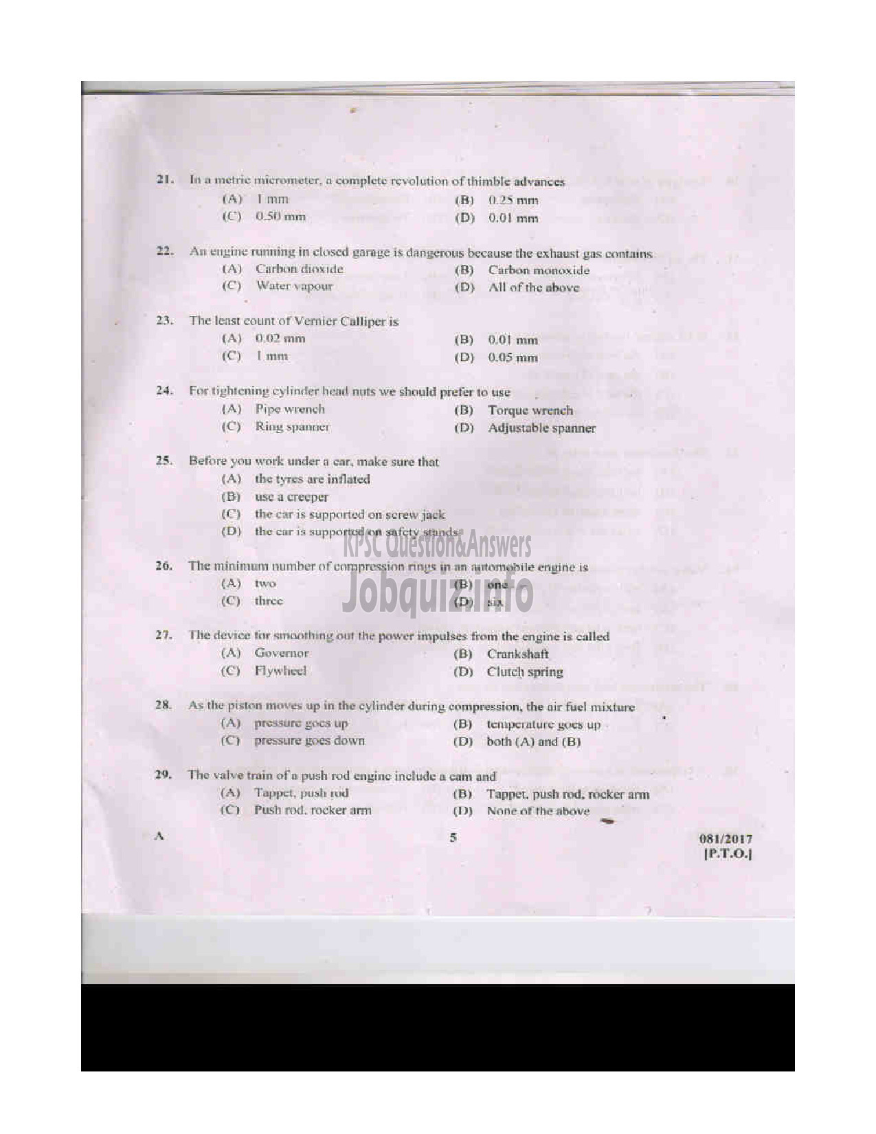 Kerala PSC Question Paper - TRADESMAN AUTOMOBILE TECHNICAL EDUCATION QUESTION PAPER-5