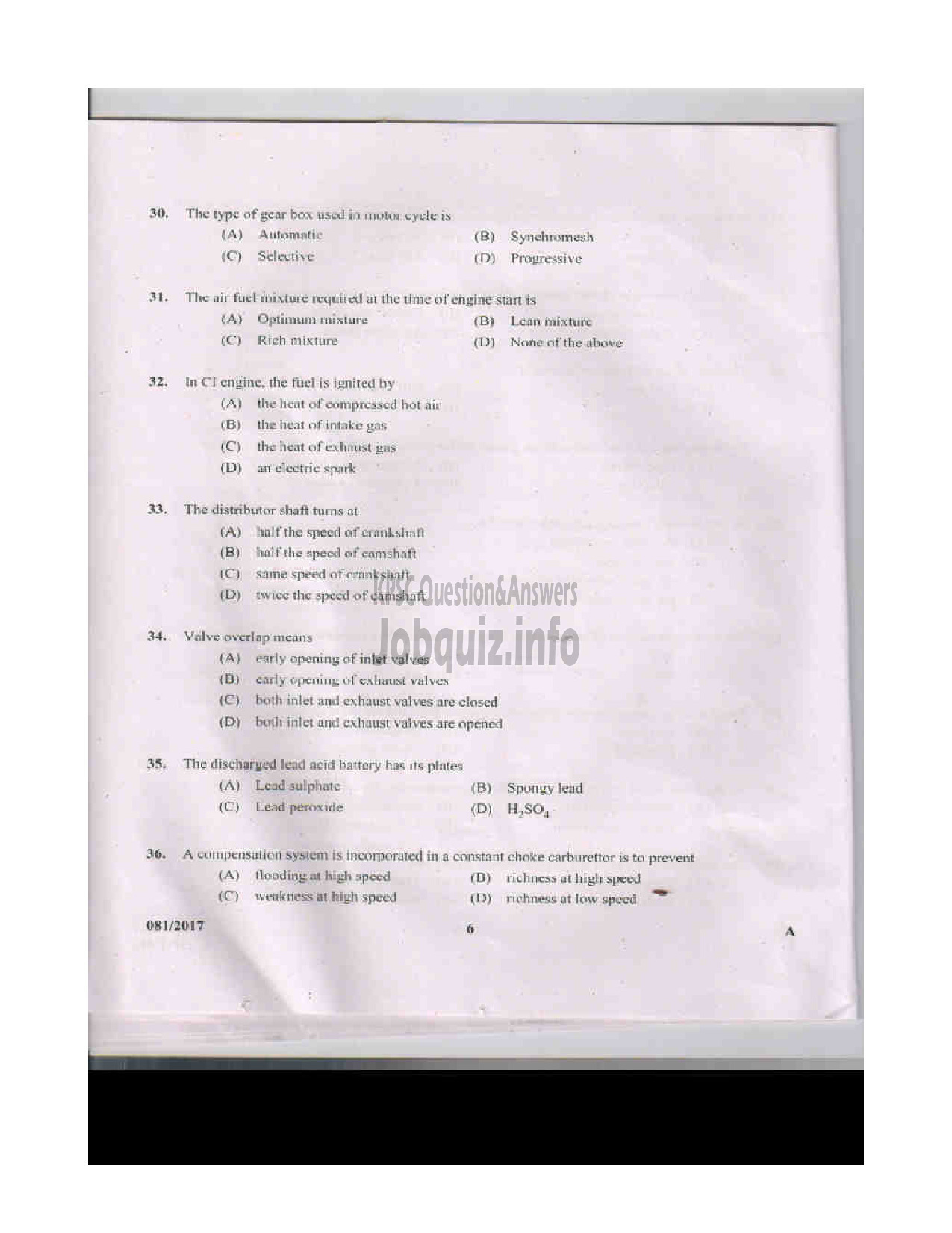 Kerala PSC Question Paper - TRADESMAN AUTOMOBILE TECHNICAL EDUCATION QUESTION PAPER-6