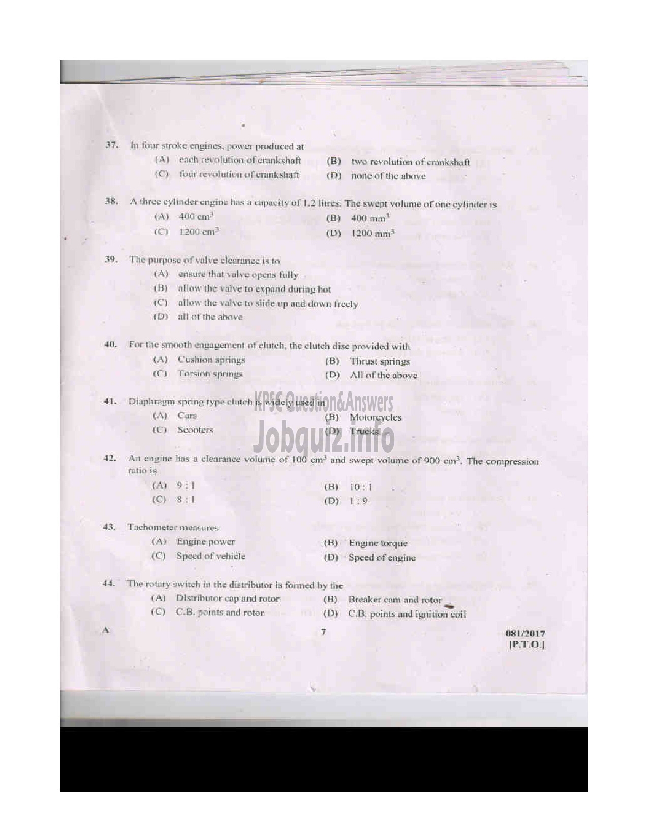 Kerala PSC Question Paper - TRADESMAN AUTOMOBILE TECHNICAL EDUCATION QUESTION PAPER-7