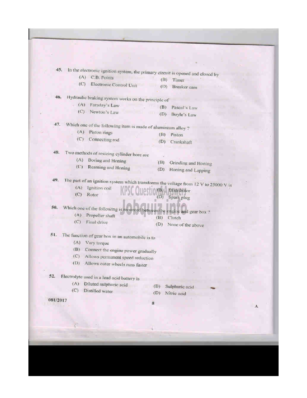 Kerala PSC Question Paper - TRADESMAN AUTOMOBILE TECHNICAL EDUCATION QUESTION PAPER-8