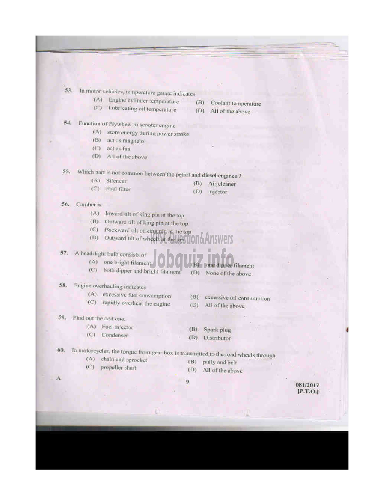 Kerala PSC Question Paper - TRADESMAN AUTOMOBILE TECHNICAL EDUCATION QUESTION PAPER-9