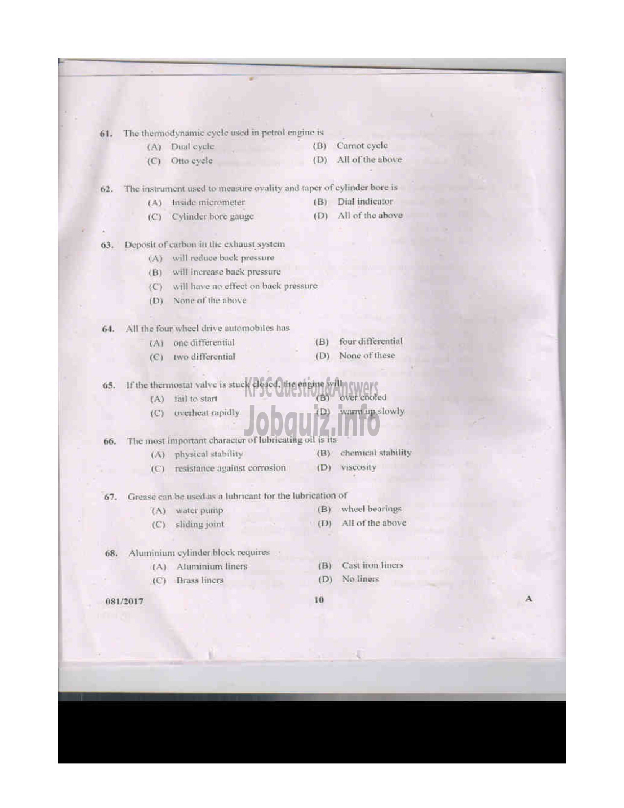 Kerala PSC Question Paper - TRADESMAN AUTOMOBILE TECHNICAL EDUCATION QUESTION PAPER-10