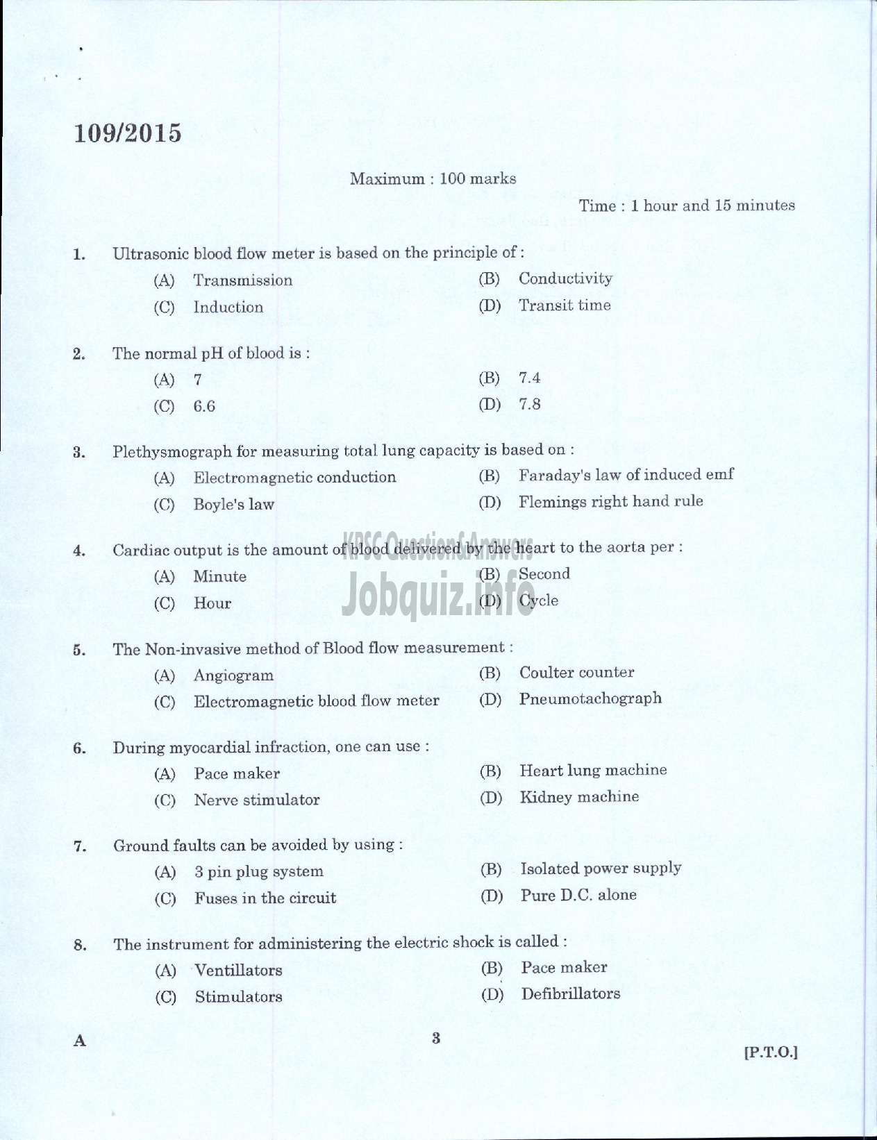 Kerala PSC Question Paper - TRADESMAN BIOMEDICAL ENGINEERING TECHNICAL EDUCATION-1