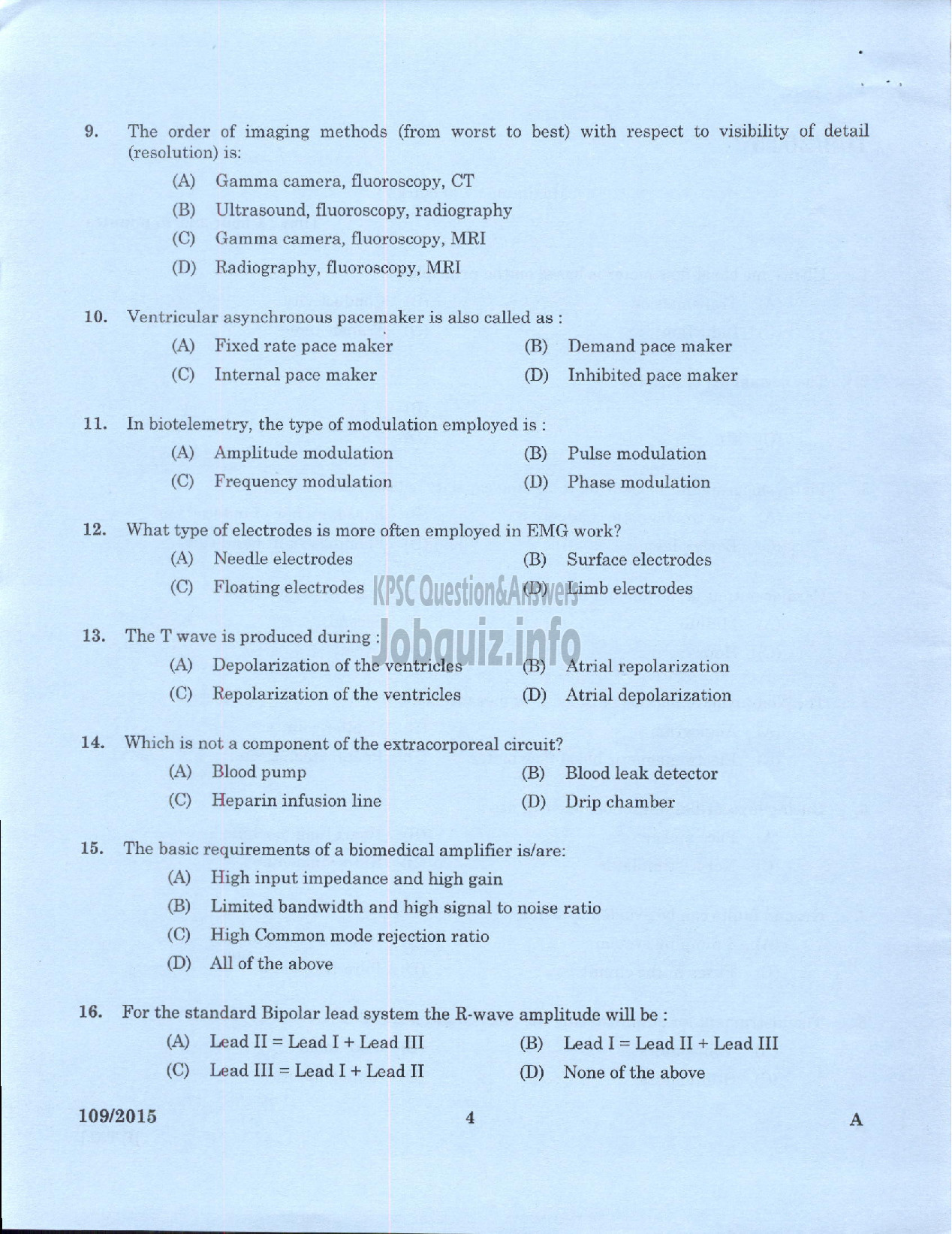 Kerala PSC Question Paper - TRADESMAN BIOMEDICAL ENGINEERING TECHNICAL EDUCATION-2