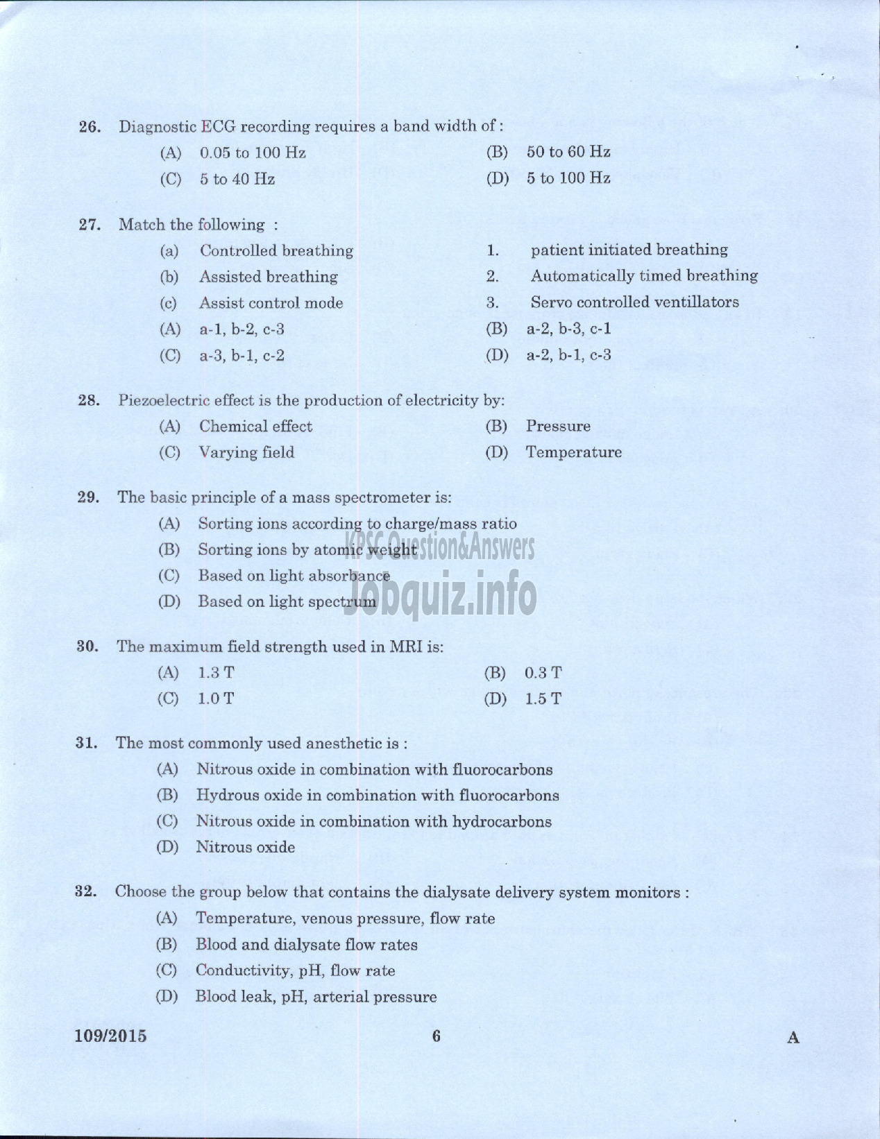 Kerala PSC Question Paper - TRADESMAN BIOMEDICAL ENGINEERING TECHNICAL EDUCATION-4