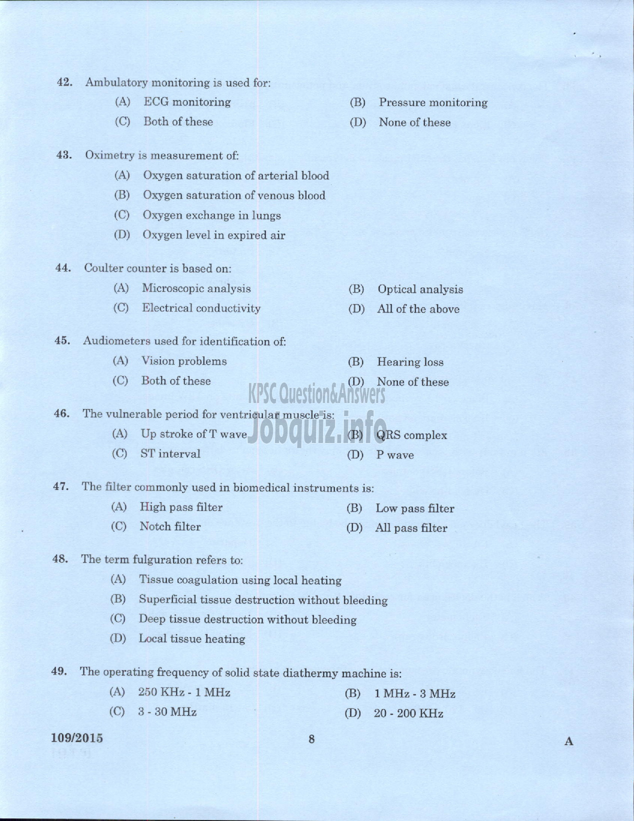 Kerala PSC Question Paper - TRADESMAN BIOMEDICAL ENGINEERING TECHNICAL EDUCATION-6