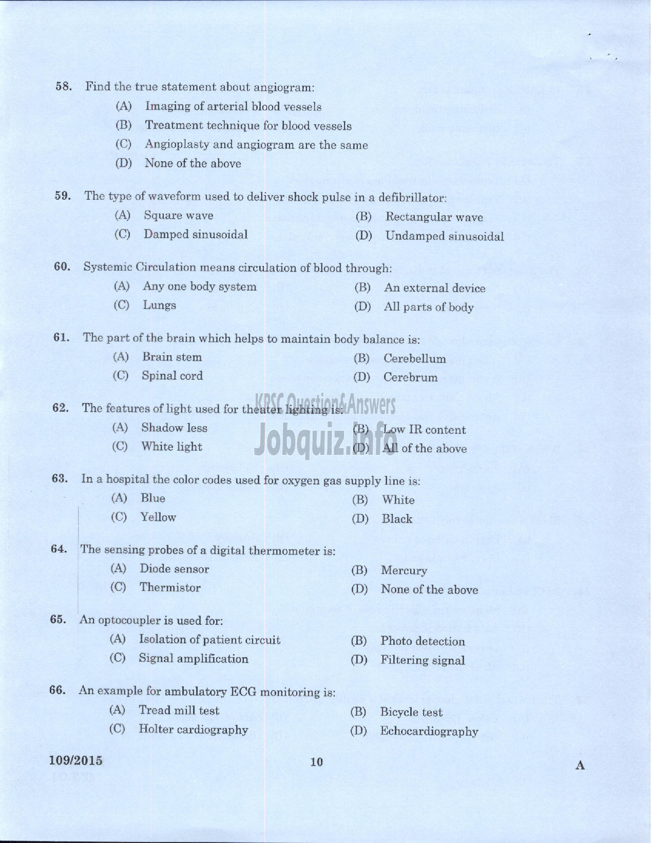 Kerala PSC Question Paper - TRADESMAN BIOMEDICAL ENGINEERING TECHNICAL EDUCATION-8