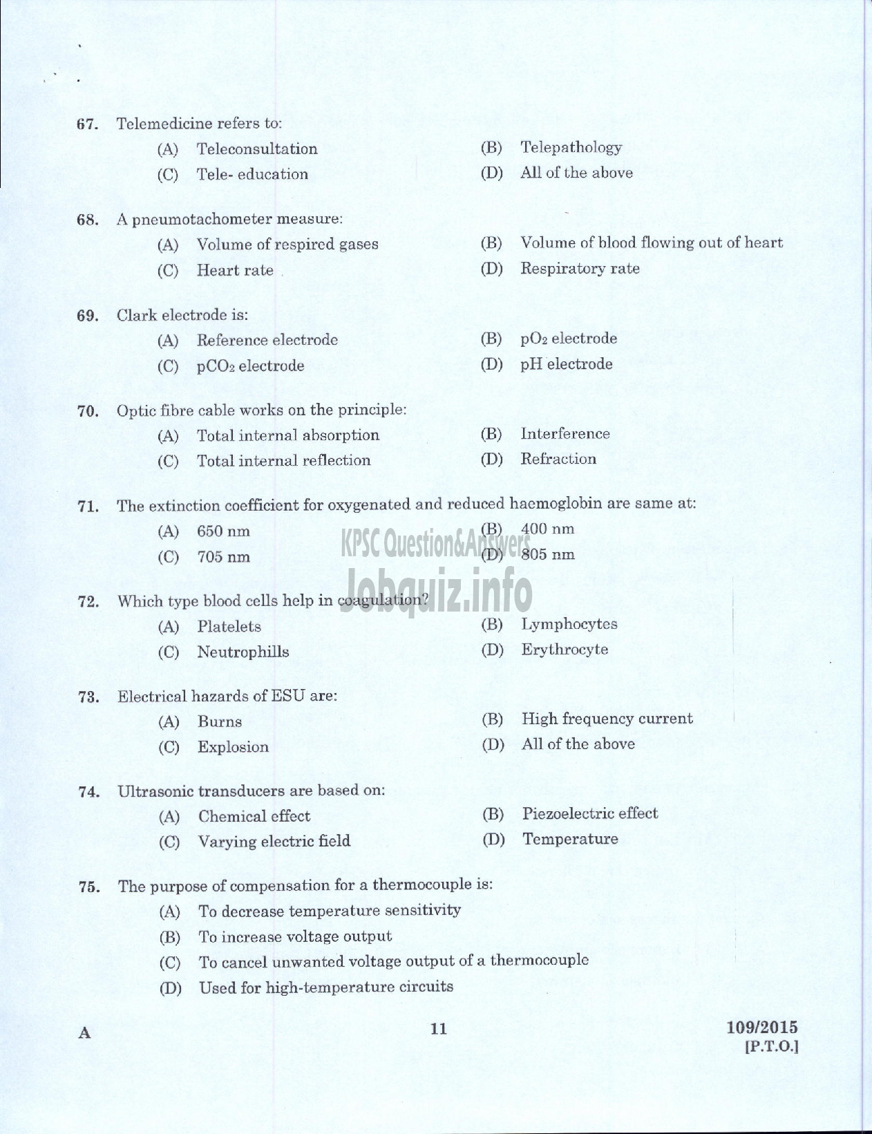 Kerala PSC Question Paper - TRADESMAN BIOMEDICAL ENGINEERING TECHNICAL EDUCATION-9