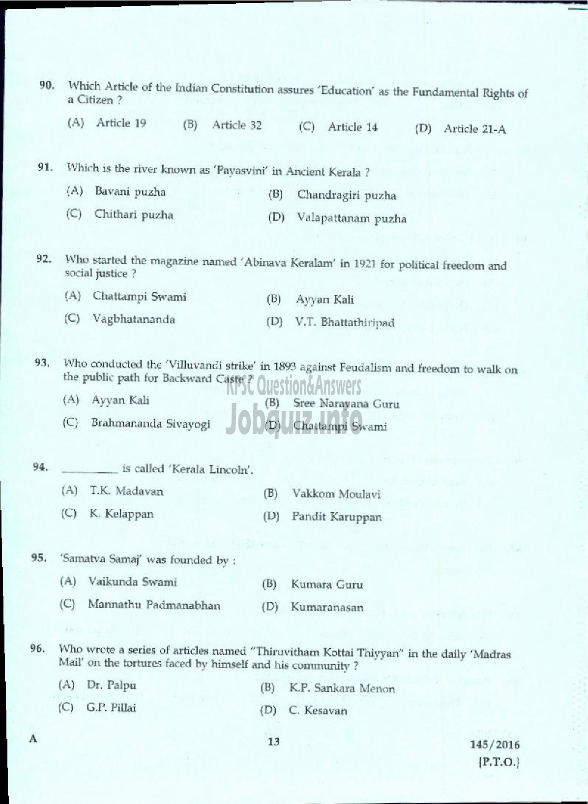 Kerala PSC Question Paper - TRADESMAN CARPENTRY TECHNICAL EDUCATION-11