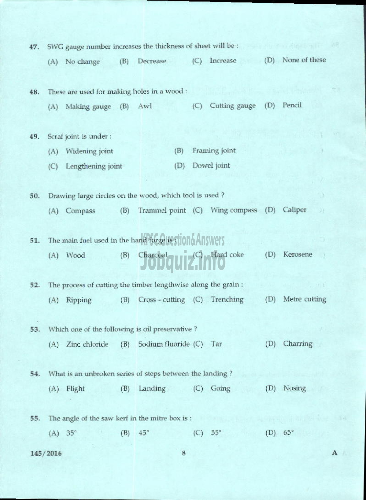 Kerala PSC Question Paper - TRADESMAN CARPENTRY TECHNICAL EDUCATION-6