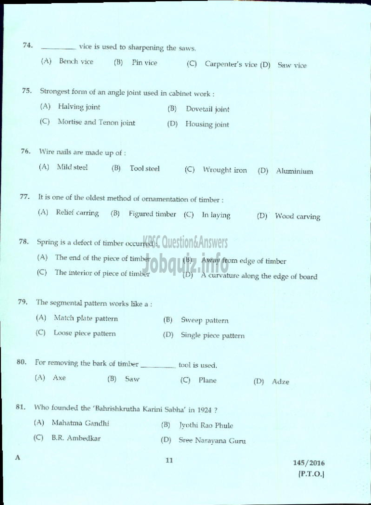 Kerala PSC Question Paper - TRADESMAN CARPENTRY TECHNICAL EDUCATION-9