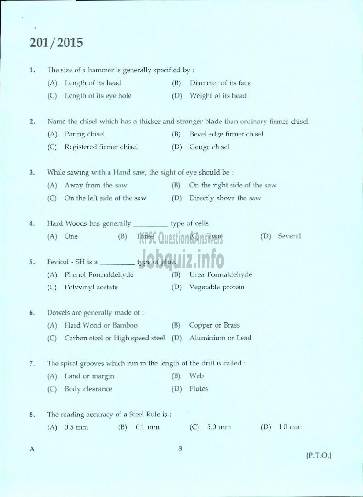 Kerala PSC Question Paper - TRADESMAN CARPENTRY TECHNICAL EDUCATION-1