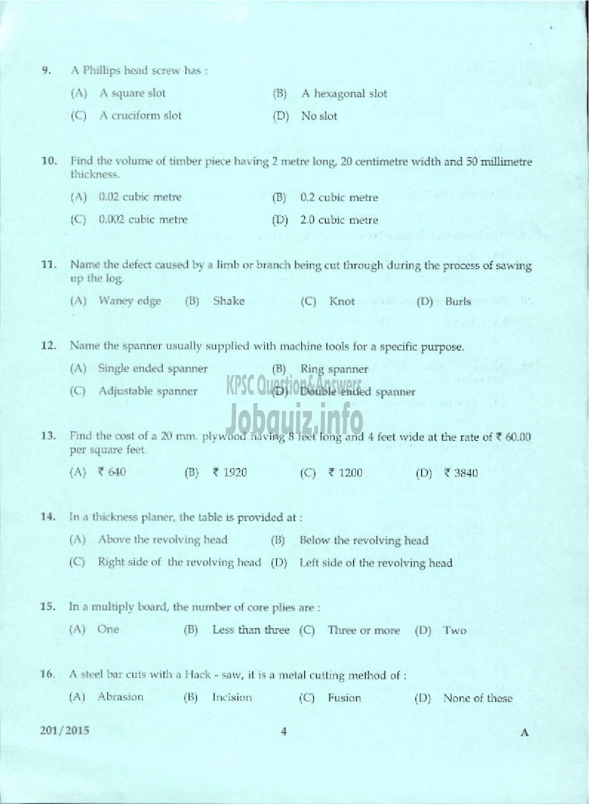 Kerala PSC Question Paper - TRADESMAN CARPENTRY TECHNICAL EDUCATION-2