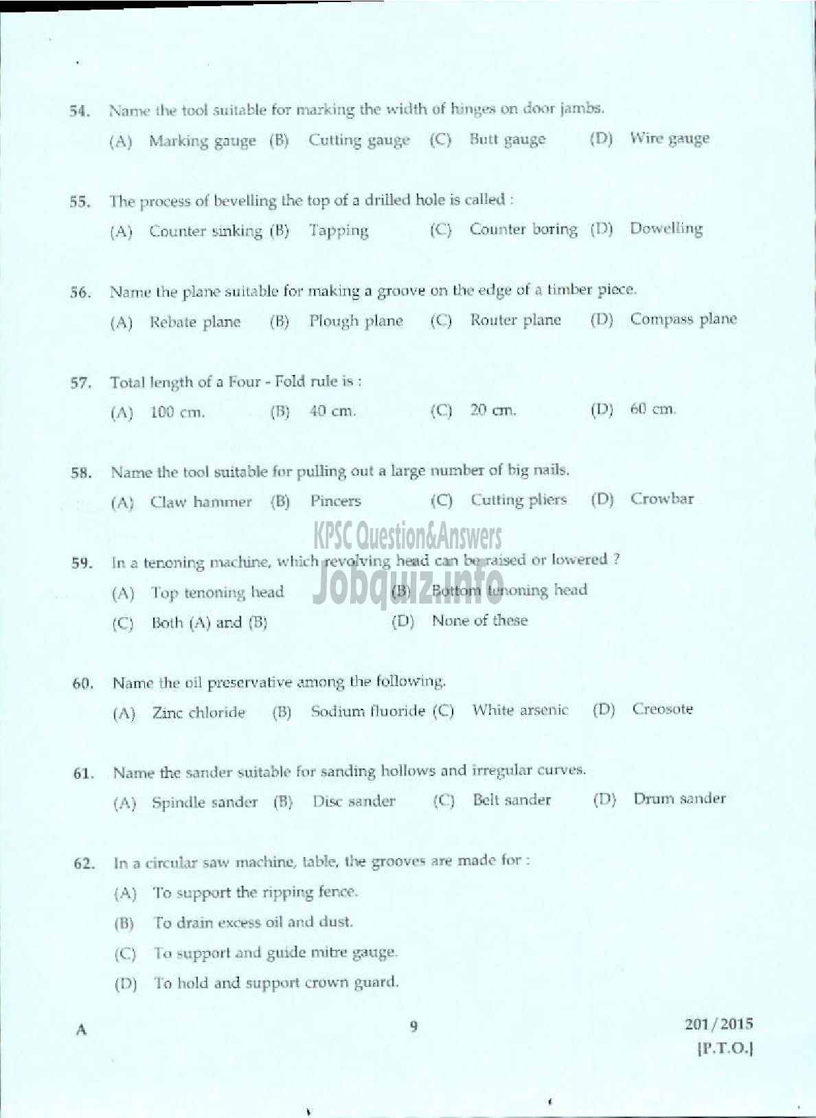 Kerala PSC Question Paper - TRADESMAN CARPENTRY TECHNICAL EDUCATION-7