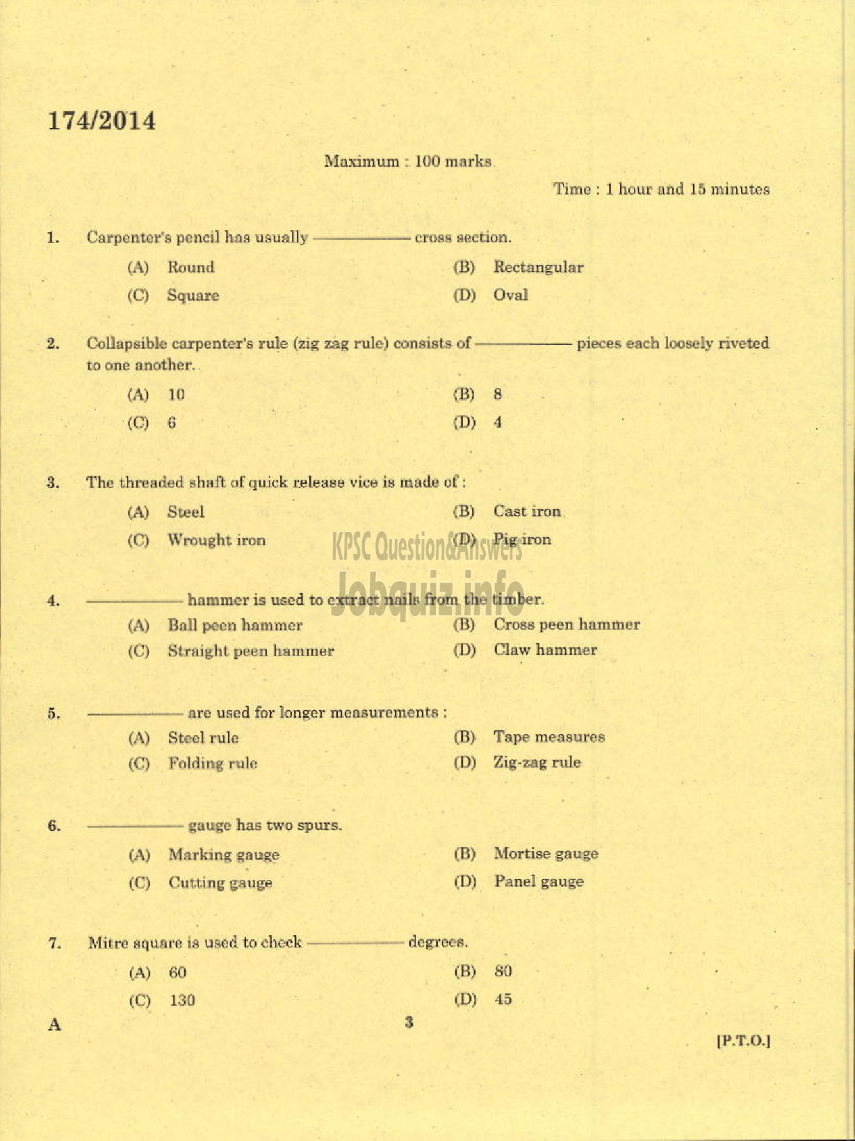 Kerala PSC Question Paper - TRADESMAN CARPENTRY TECHNICAL EDUCATION TVPM PTA ALP IDK EKM WYD AND KGD DIST-1