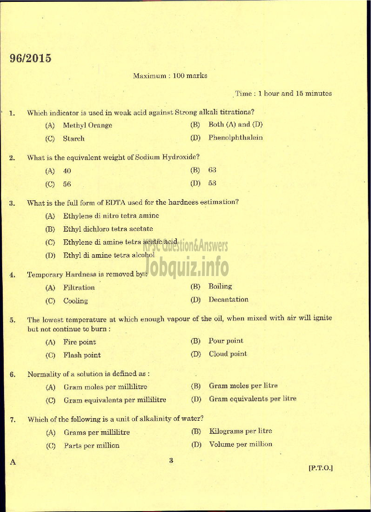 Kerala PSC Question Paper - TRADESMAN CHEMICAL ENGINEERING TECHNICAL EDUCATION-1