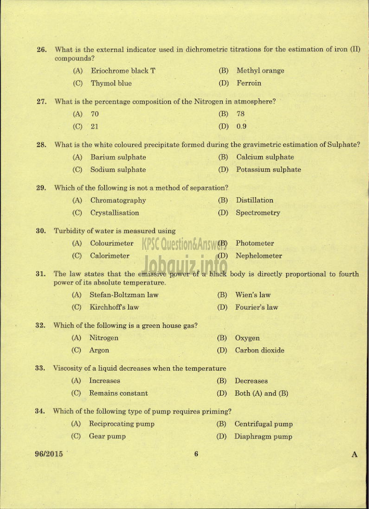 Kerala PSC Question Paper - TRADESMAN CHEMICAL ENGINEERING TECHNICAL EDUCATION-4