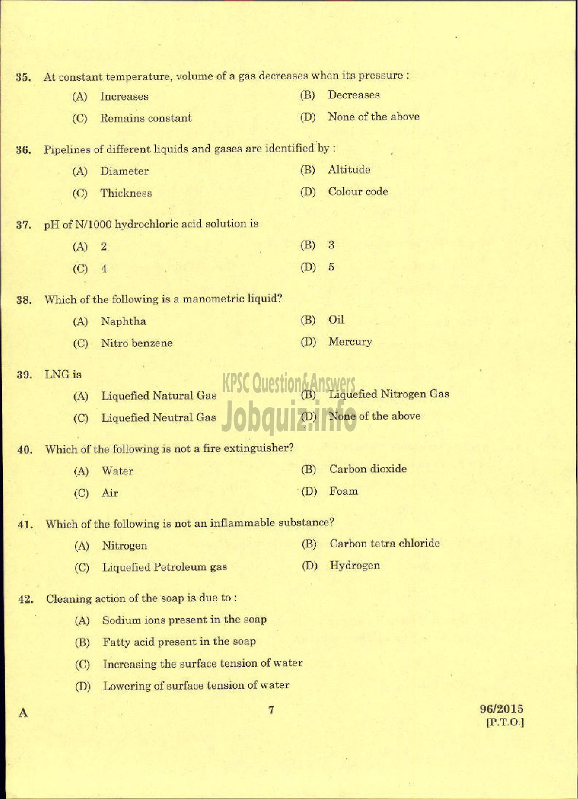 Kerala PSC Question Paper - TRADESMAN CHEMICAL ENGINEERING TECHNICAL EDUCATION-5