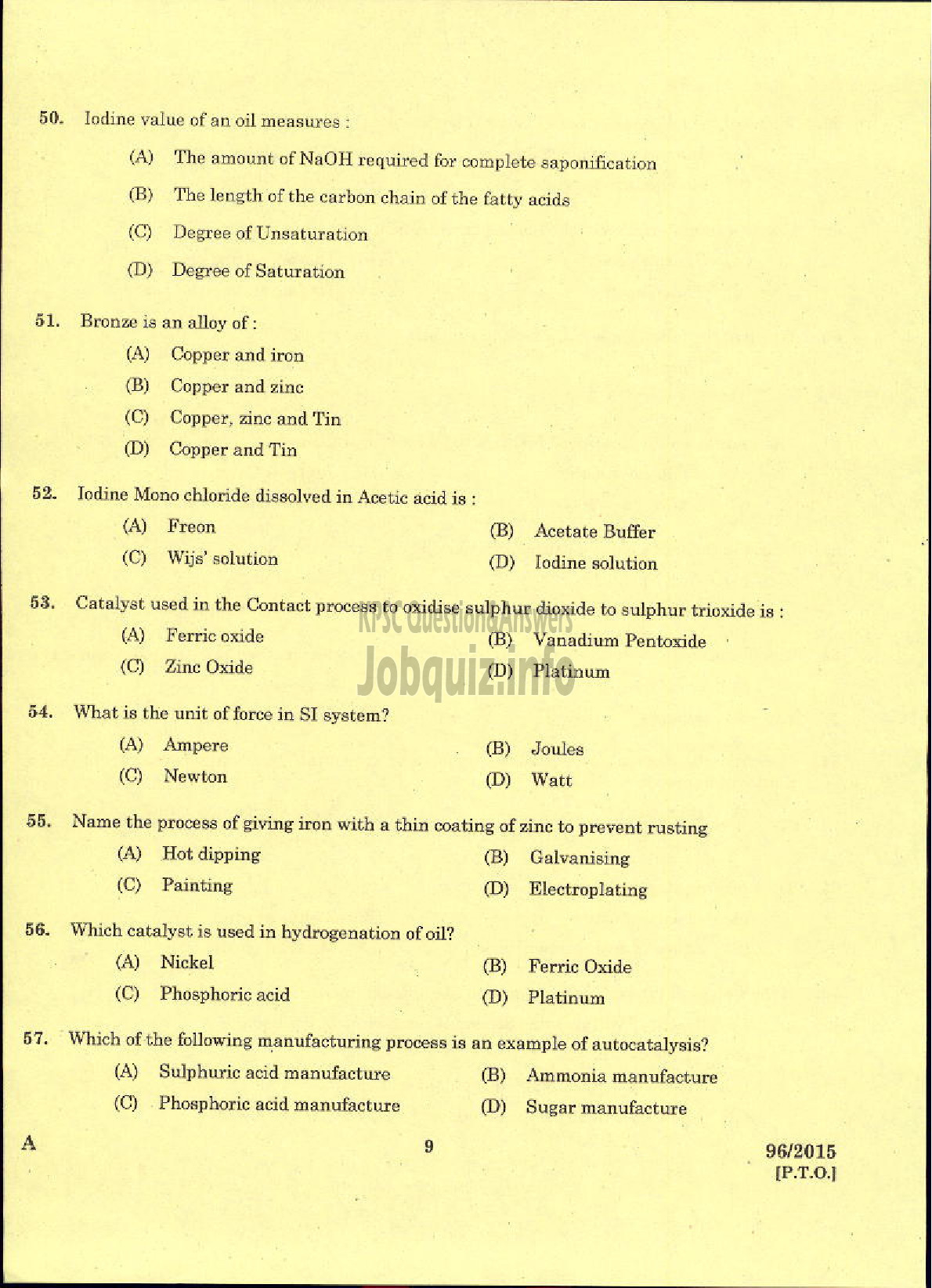 Kerala PSC Question Paper - TRADESMAN CHEMICAL ENGINEERING TECHNICAL EDUCATION-7