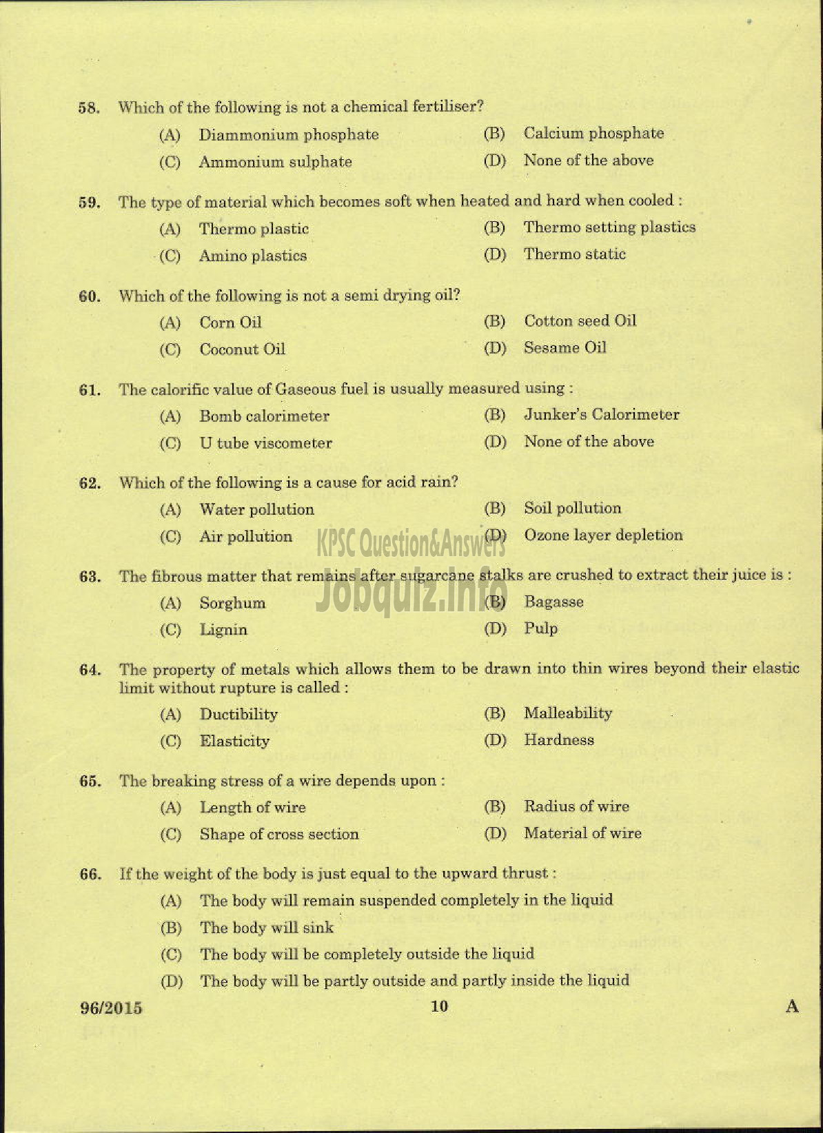 Kerala PSC Question Paper - TRADESMAN CHEMICAL ENGINEERING TECHNICAL EDUCATION-8