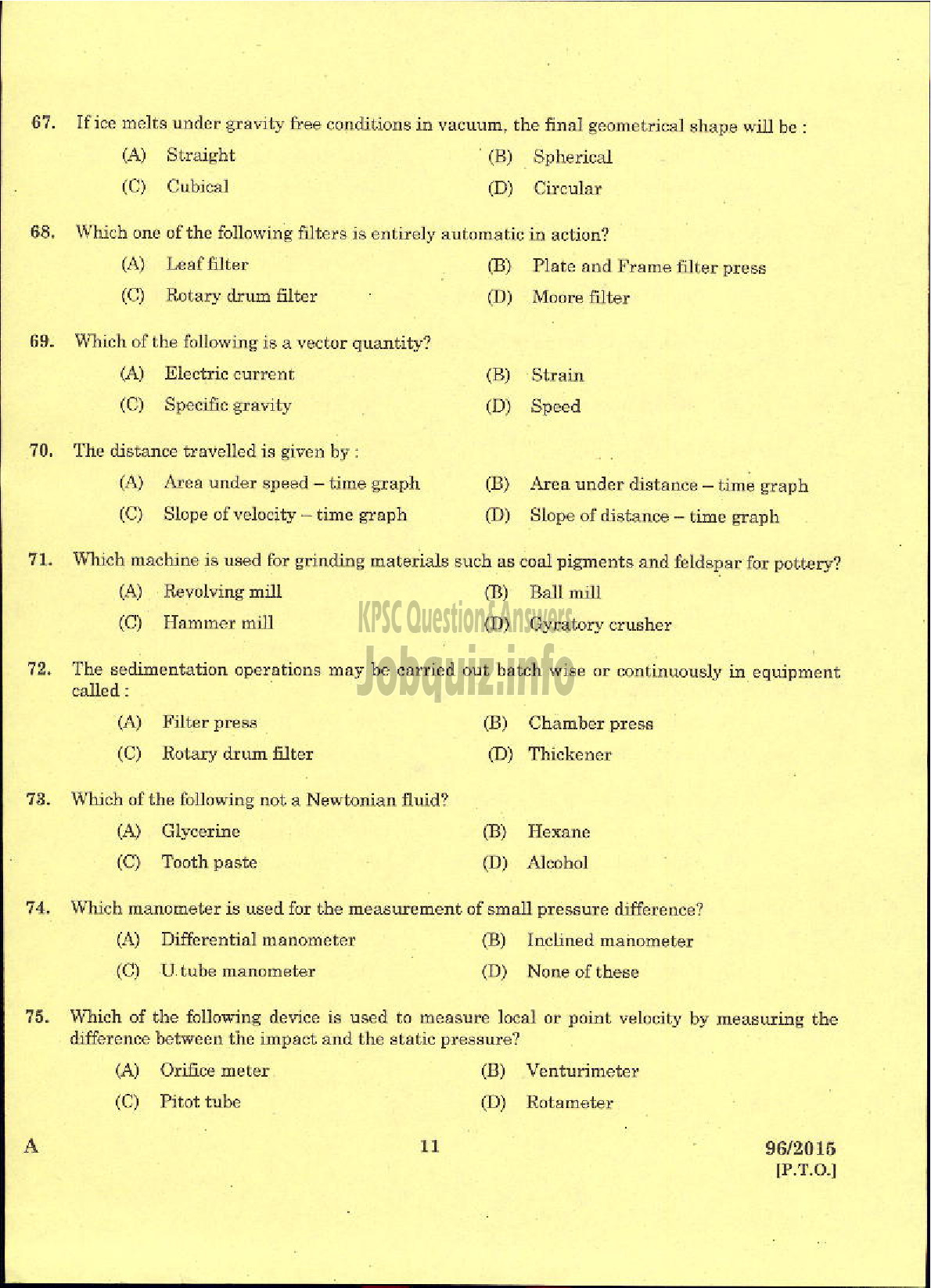 Kerala PSC Question Paper - TRADESMAN CHEMICAL ENGINEERING TECHNICAL EDUCATION-9