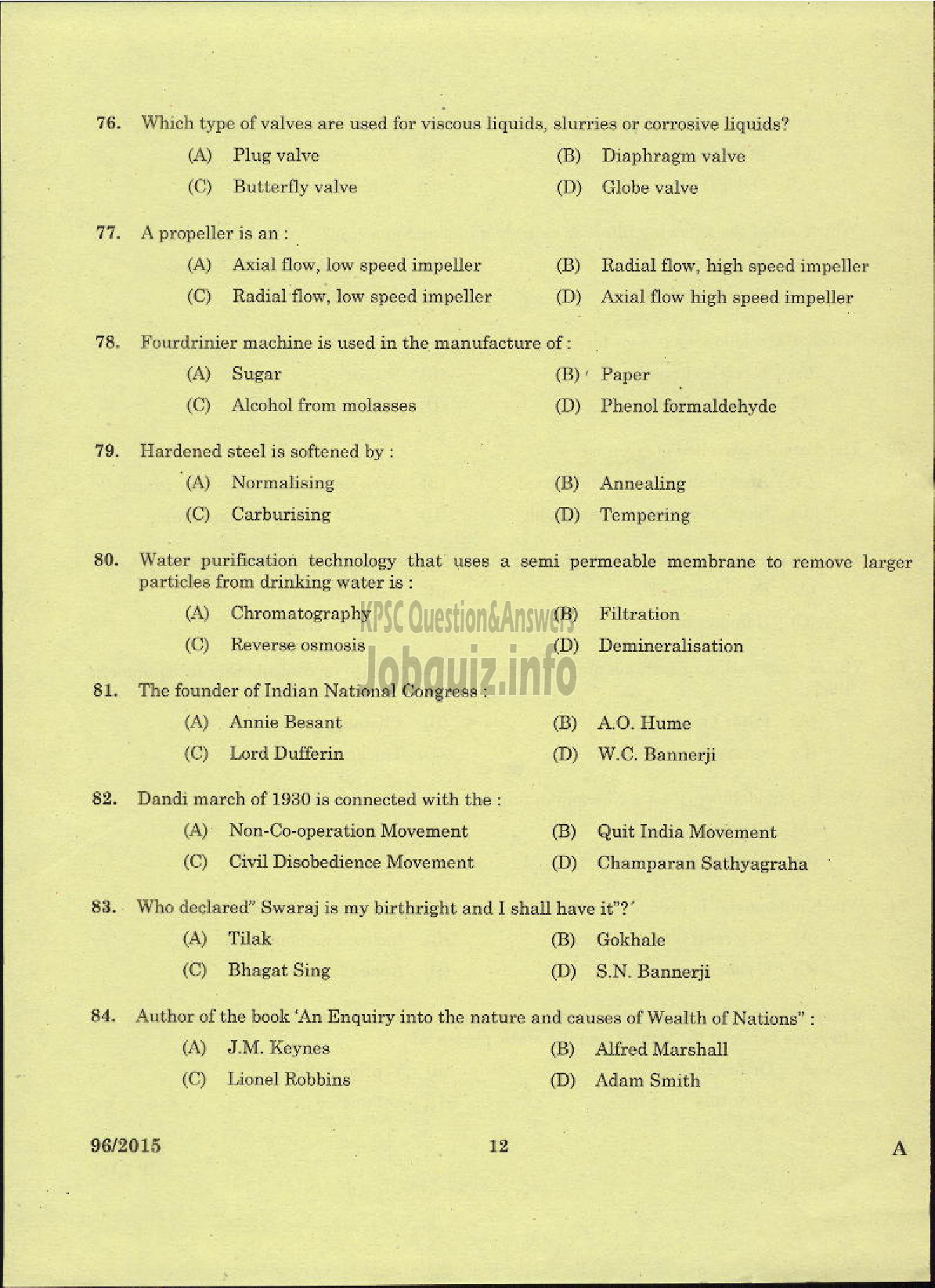 Kerala PSC Question Paper - TRADESMAN CHEMICAL ENGINEERING TECHNICAL EDUCATION-10