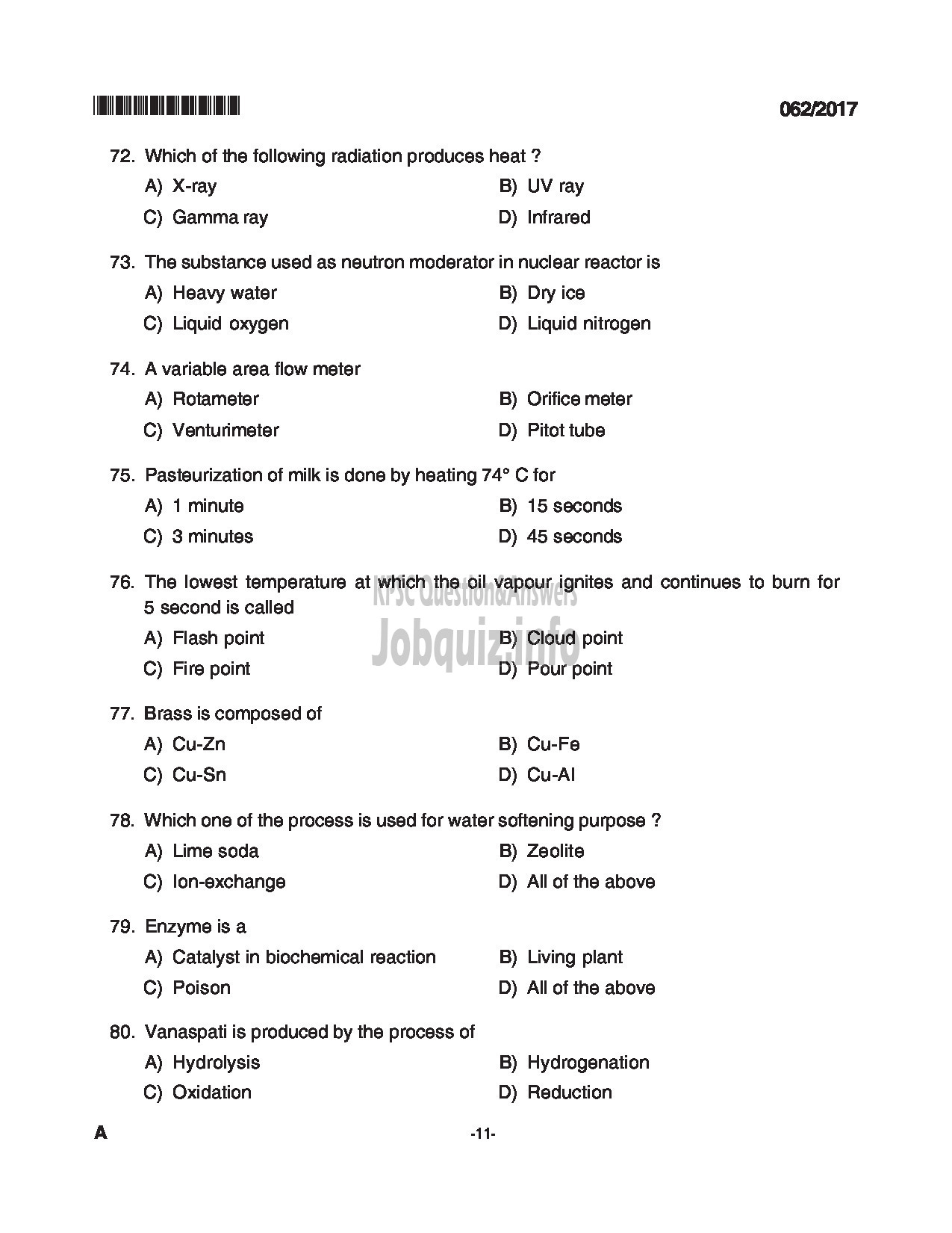 Kerala PSC Question Paper - TRADESMAN CHEMICAL ENGINEERING TECHNICAL EDUCATION QUESTION PAPER-11