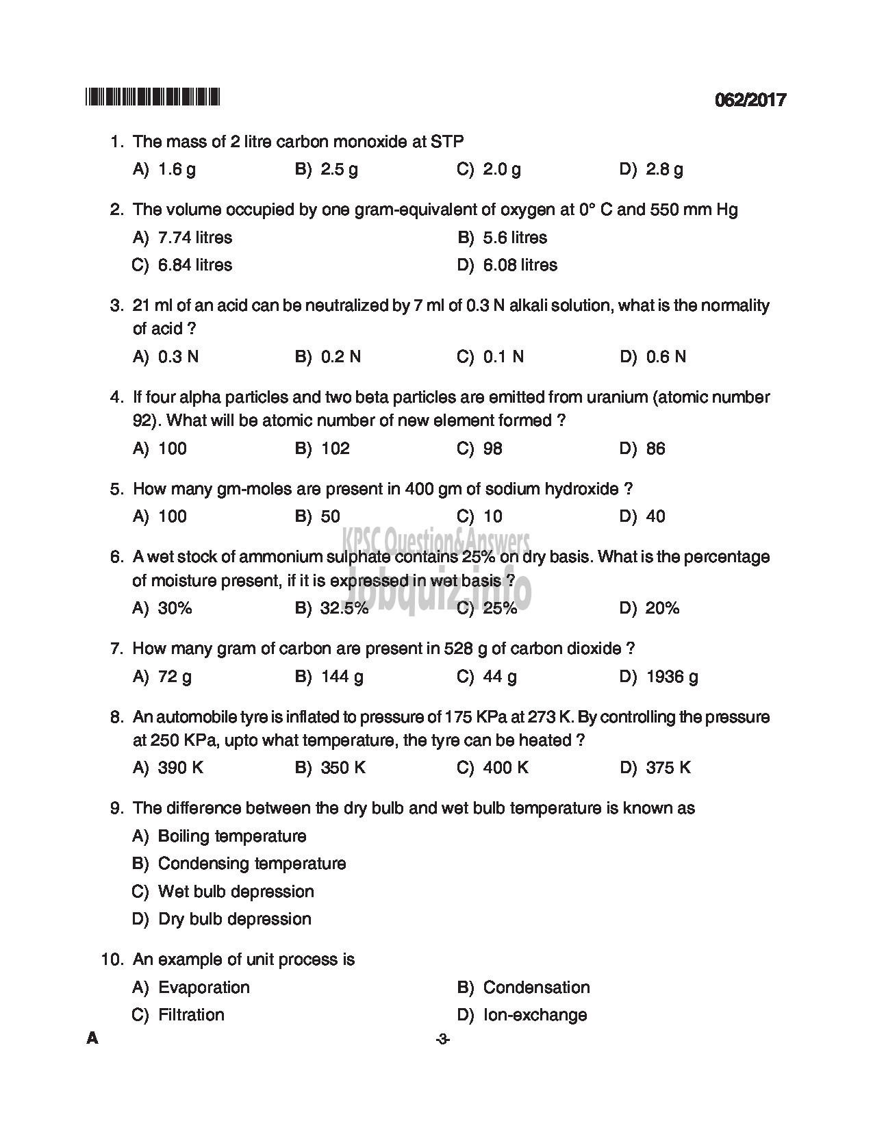 Kerala PSC Question Paper - TRADESMAN CHEMICAL ENGINEERING TECHNICAL EDUCATION QUESTION PAPER-3