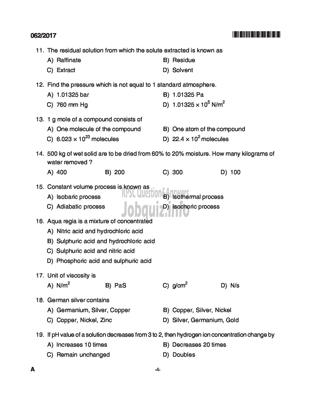 Kerala PSC Question Paper - TRADESMAN CHEMICAL ENGINEERING TECHNICAL EDUCATION QUESTION PAPER-4